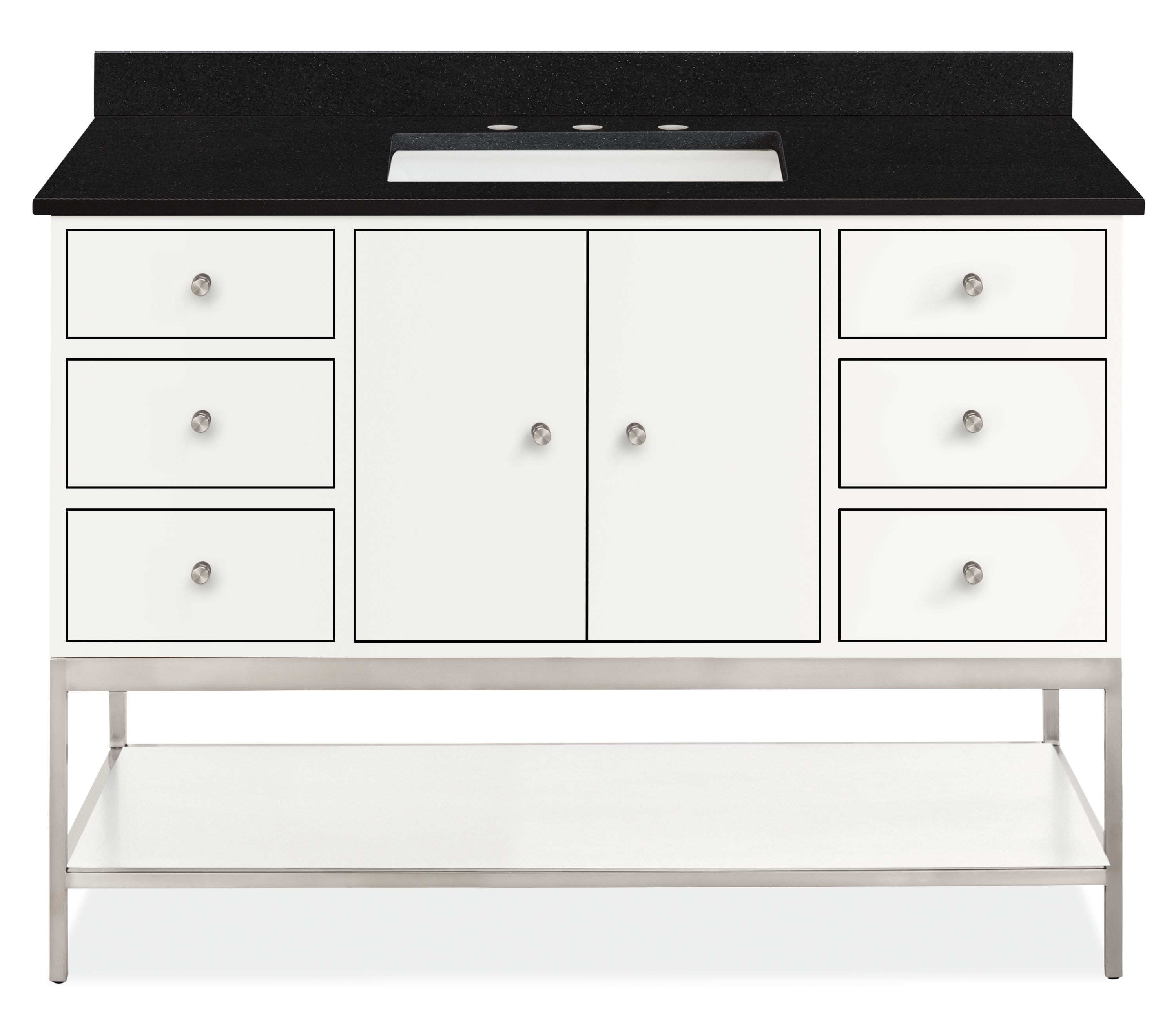Linear 48w 21.75d Vanity w/Shelf & L&R Overhang in White w/Black Rectangle Top