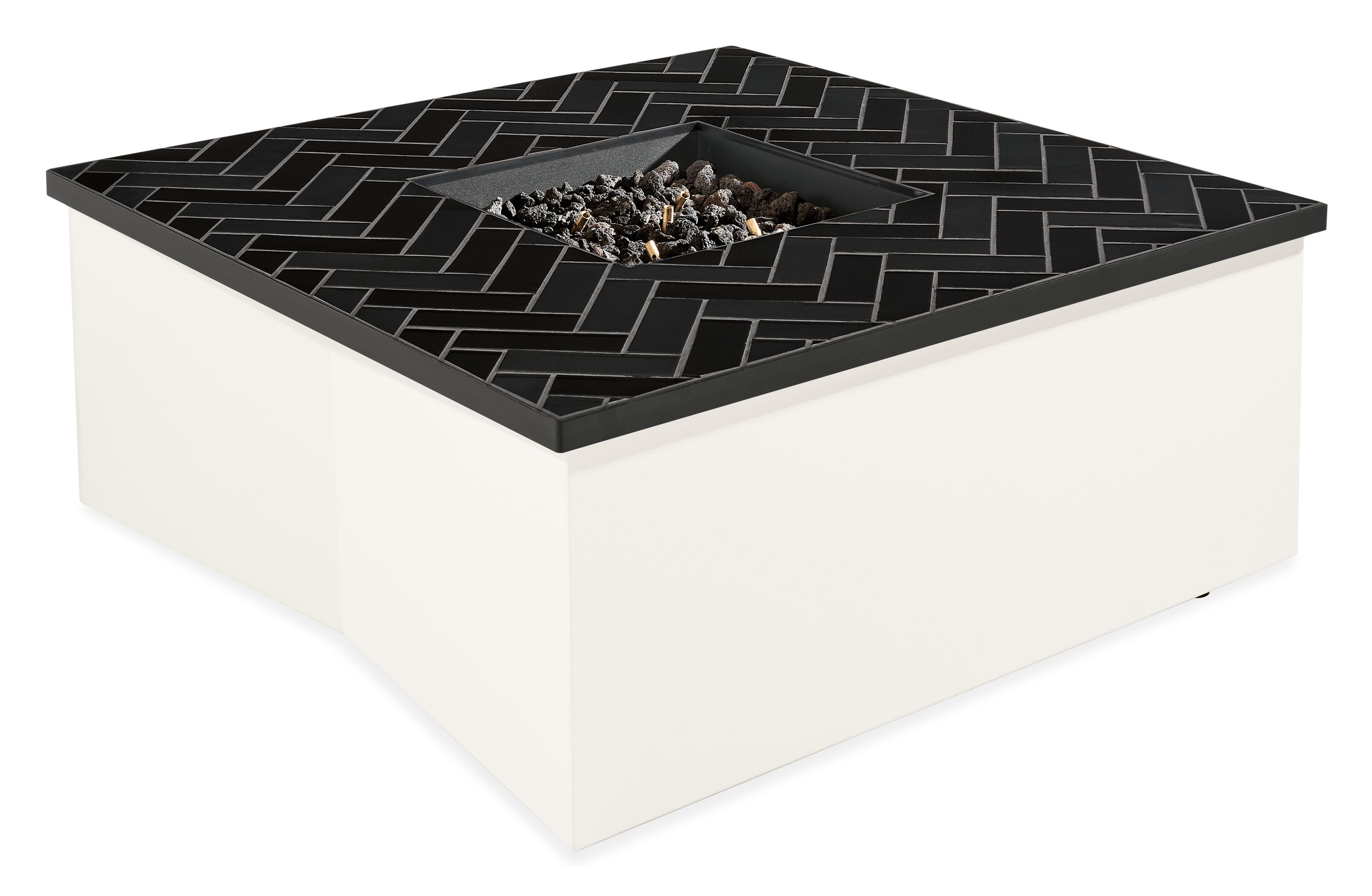 Adara 37w 37d Outdoor Fire Table in White w/Black Tile Top & Natural Gas Hook-Up