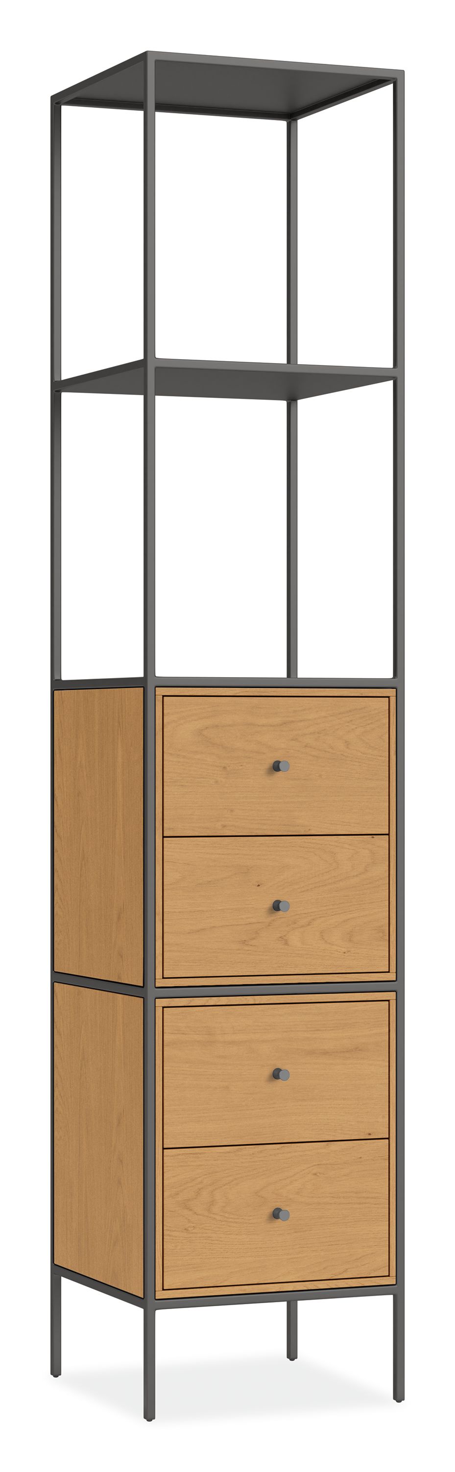 Slim 15w 15d 72h Bookcase in Natural Steel w/White Oak Four-Drawer Inserts