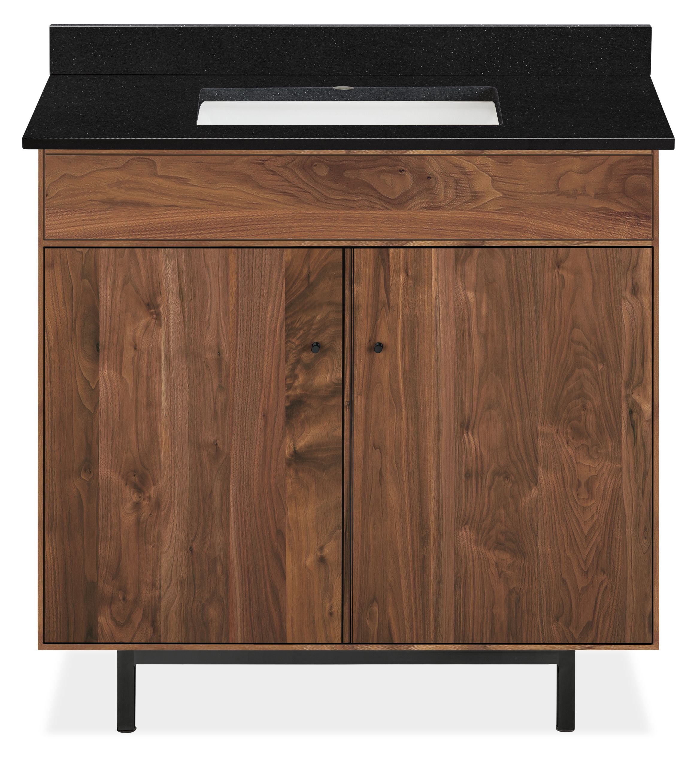 Hudson 36w Single Vanity w/L&R Overhang Black Quartz Top & Walnut Cabinet
