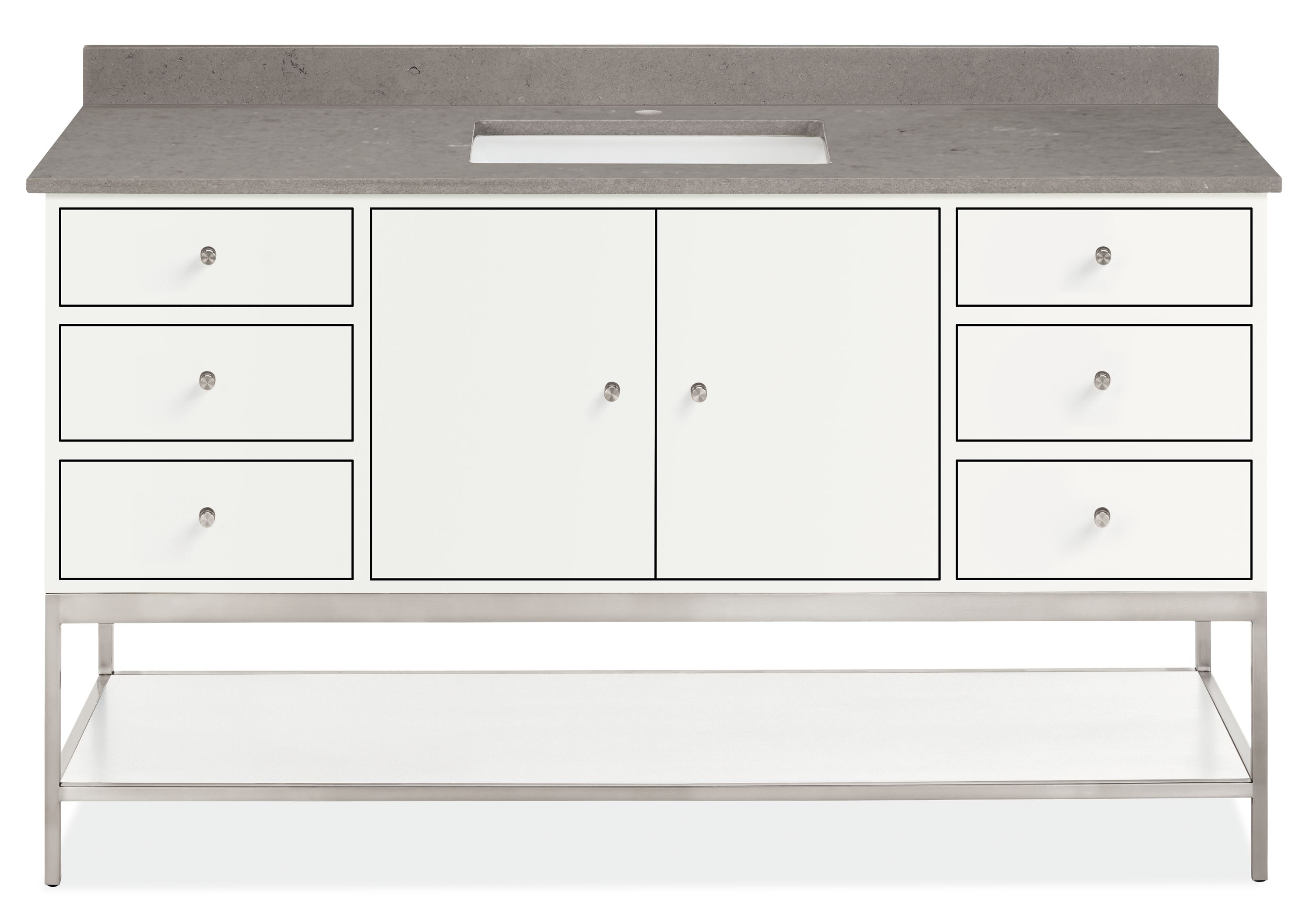 Linear 60w 21.75d Vanity w/Shelf & L&R Overhang in White w/RECT 1-Hole Fog Sink