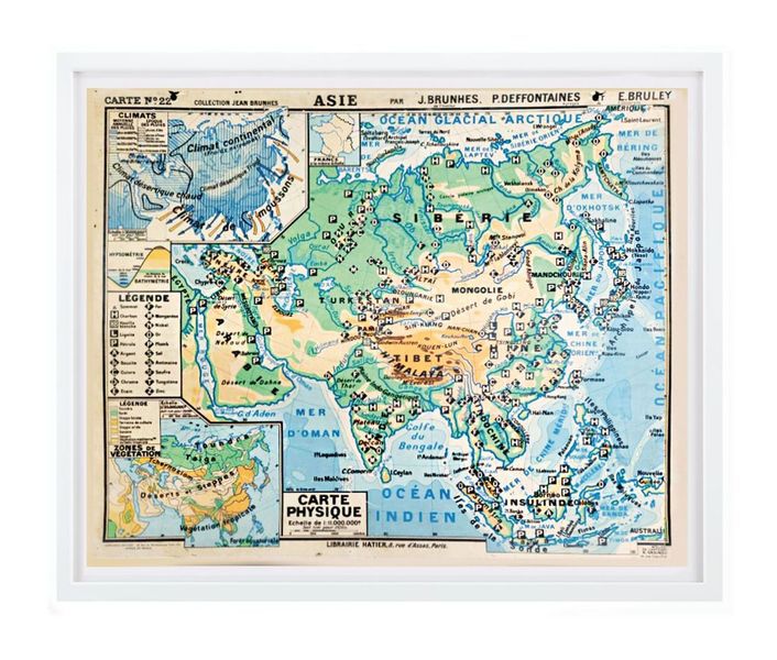 Vintage French School Map in White Frame, Large