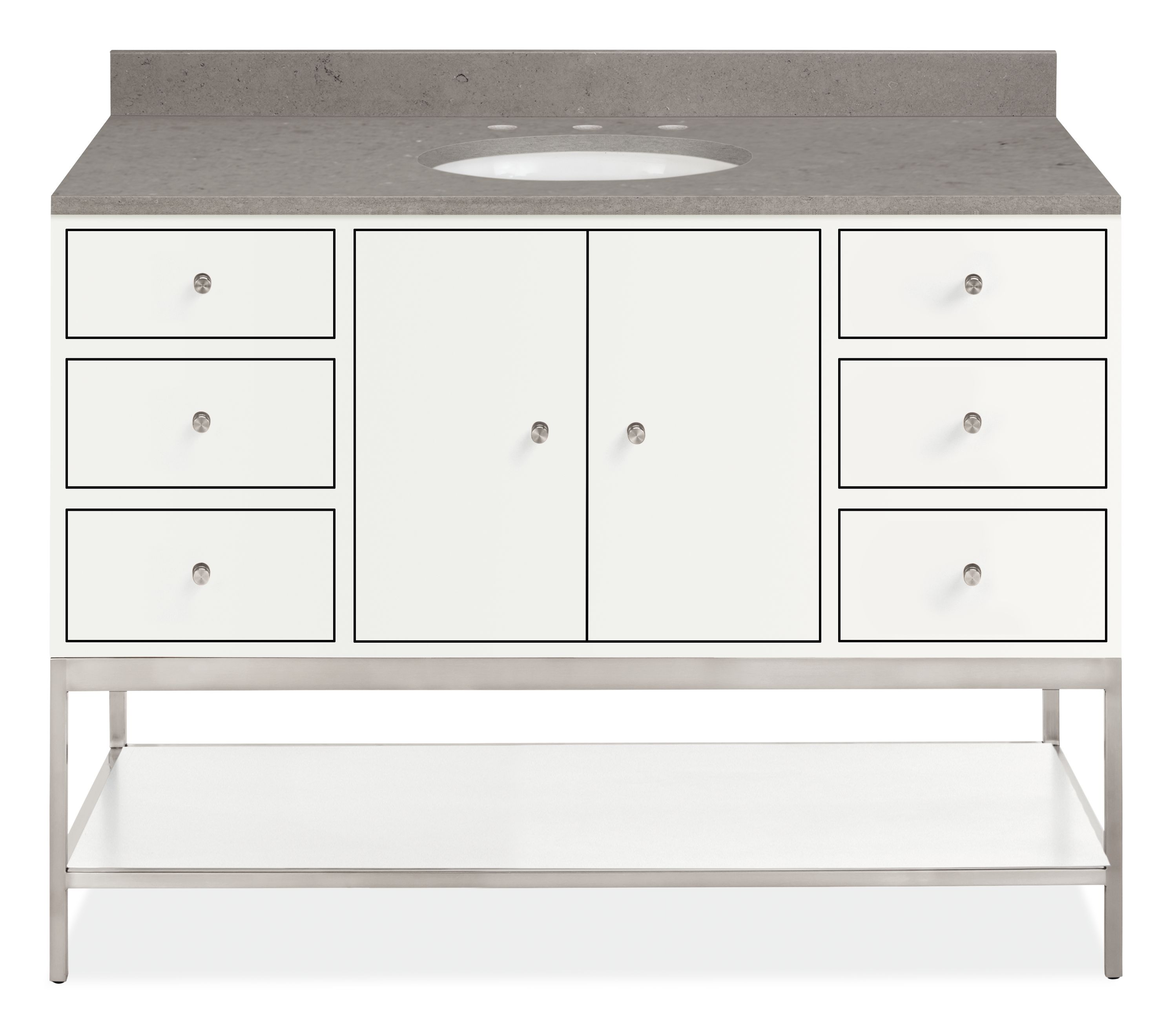 Linear 46.5w 21.75d Vanity w/Shelf & No Overhang in White w/Oval 3-Hole Fog Sink