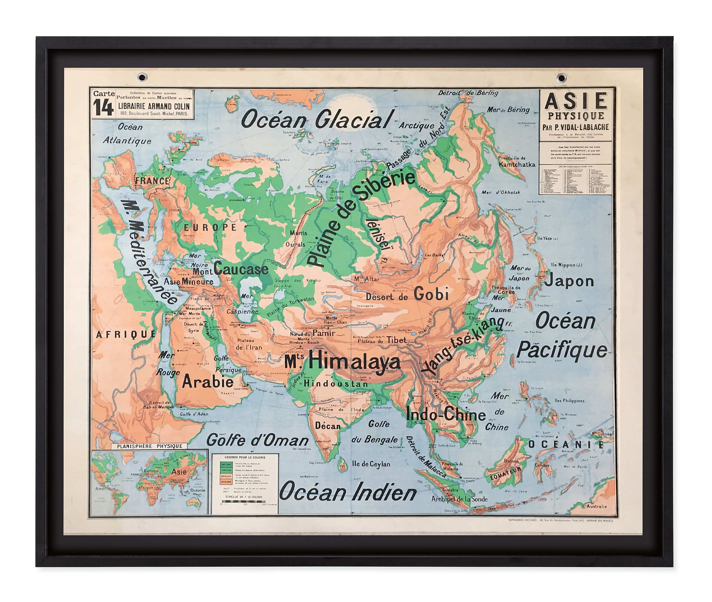Vintage French School Map - Black Frame - Asia Physique