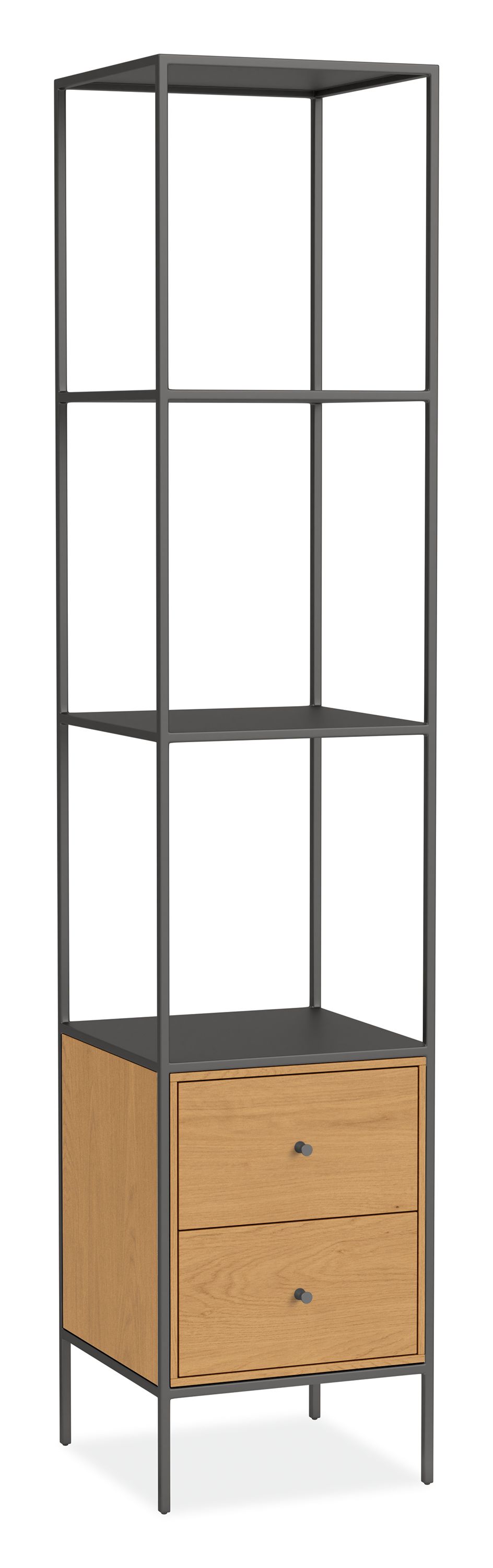 Slim 15w 15d 72h Bookcase in Natural Steel w/White Oak Two-Drawer Inserts