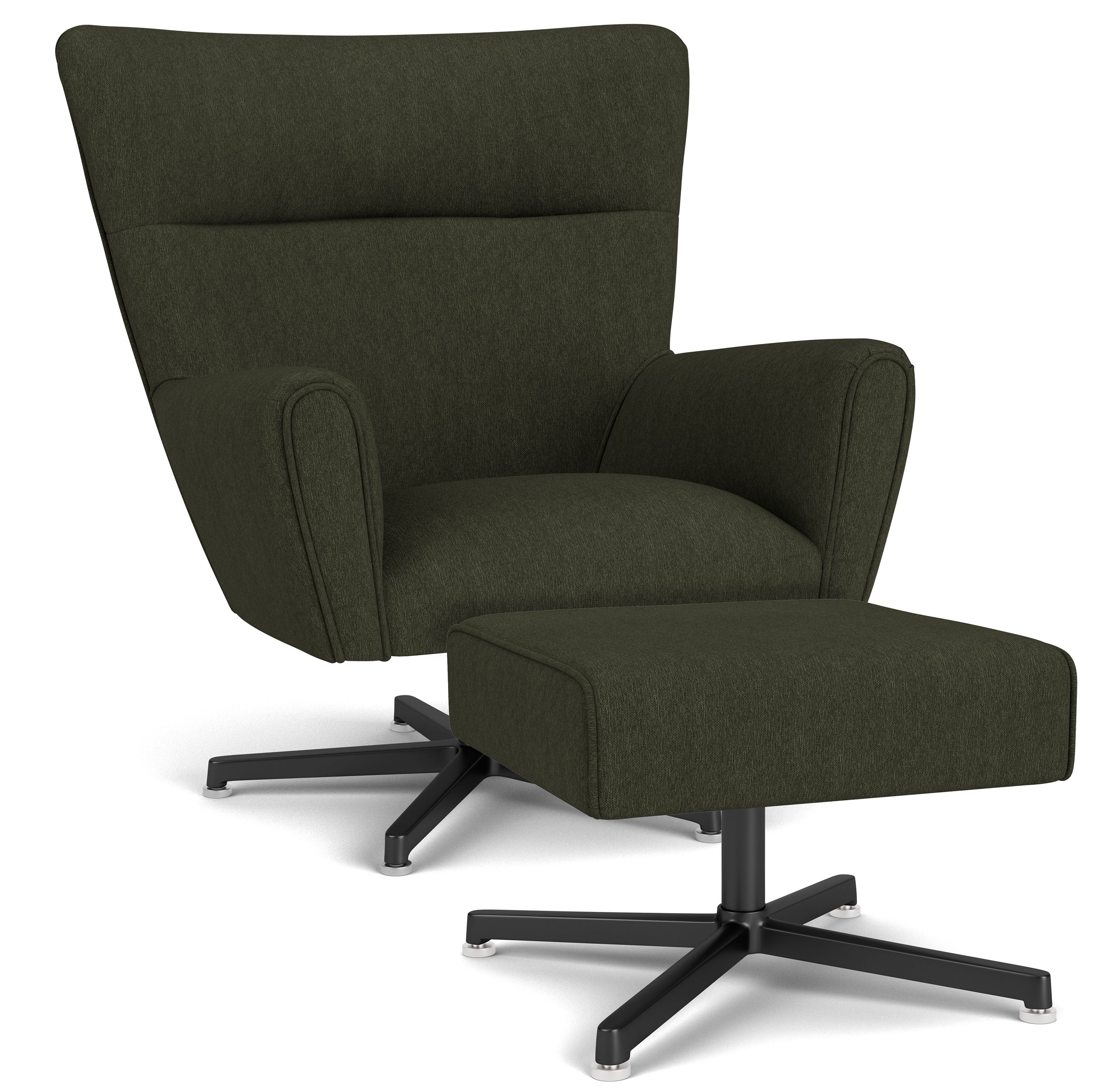 Boden Swivel Chair & Pedestal Ottoman in Flint Olive with Black Legs