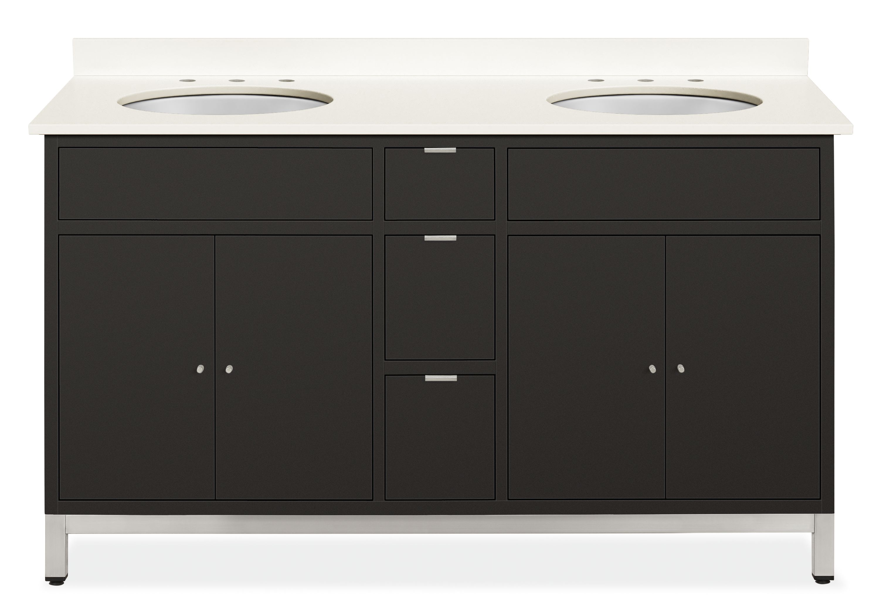 Copenhagen 60w Double Vanity w/L & R Overhang White 3-Hole Sinks/Ebony/SS Base