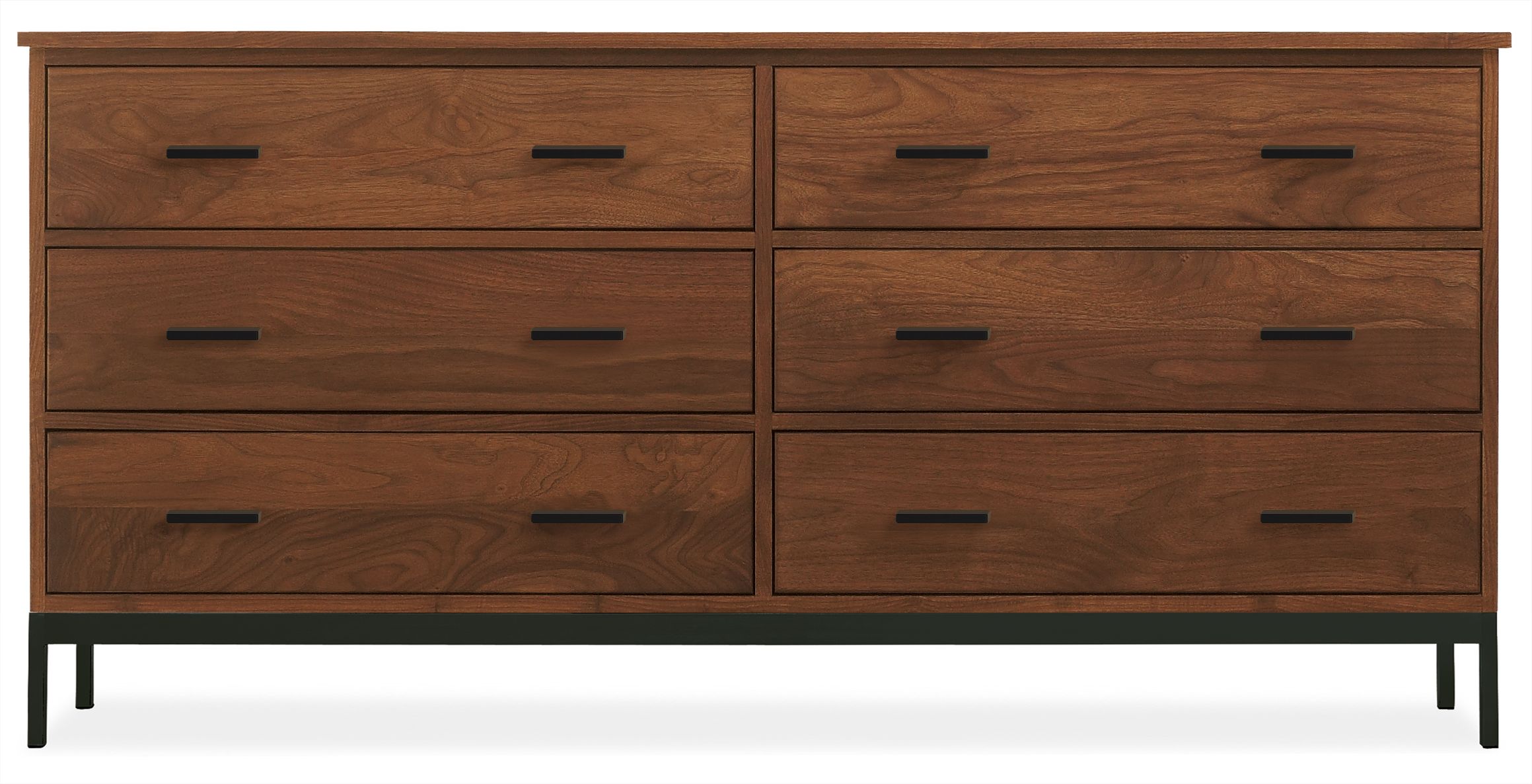 Linear 67w 20d 32h Six-Drawer Dresser in Walnut w/Natural Steel Base & Knobs
