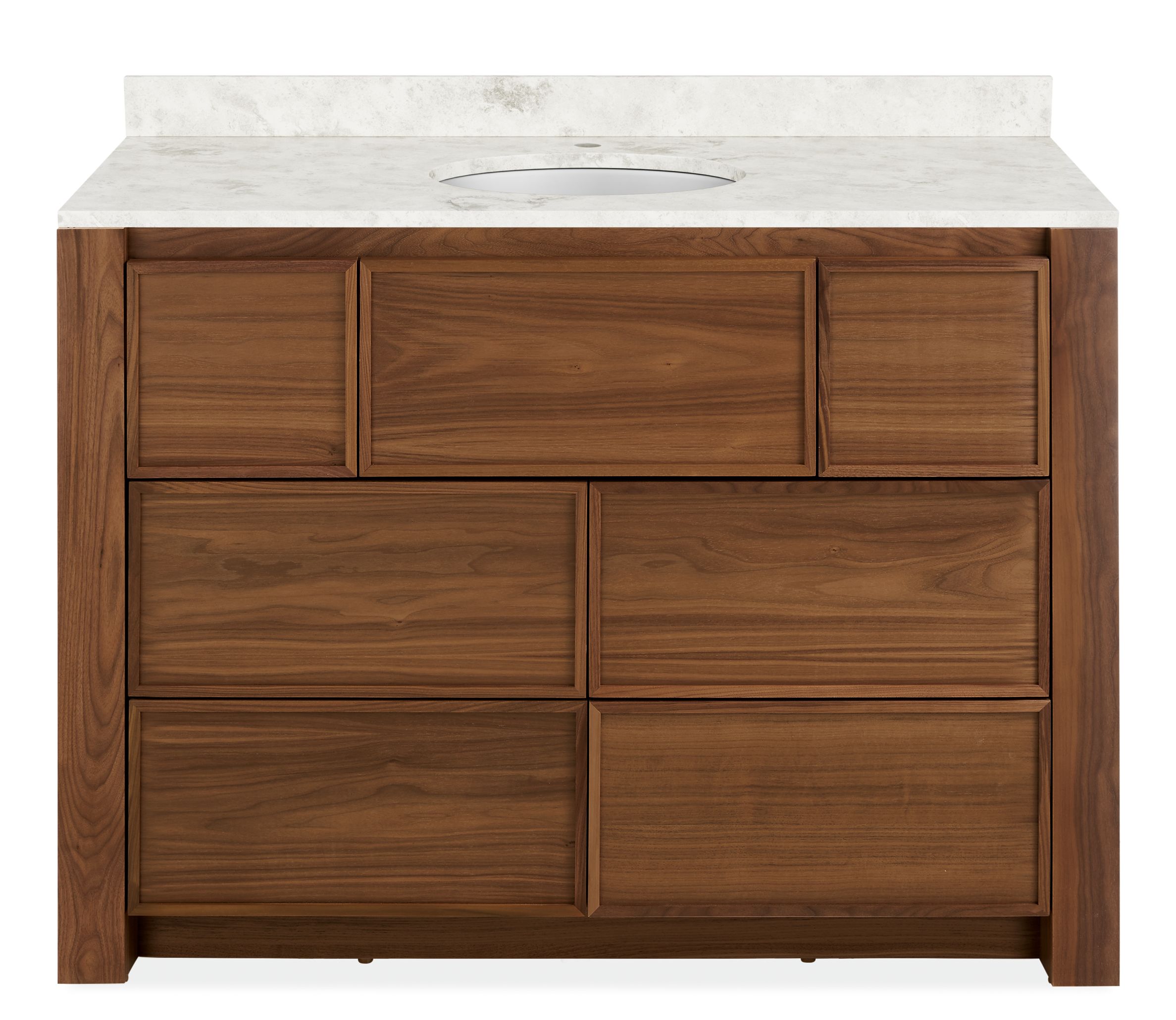 Amherst 46.5w SGL Vanity/No Overhang/Marbled White 1-Hole Oval Sink/Walnut Base