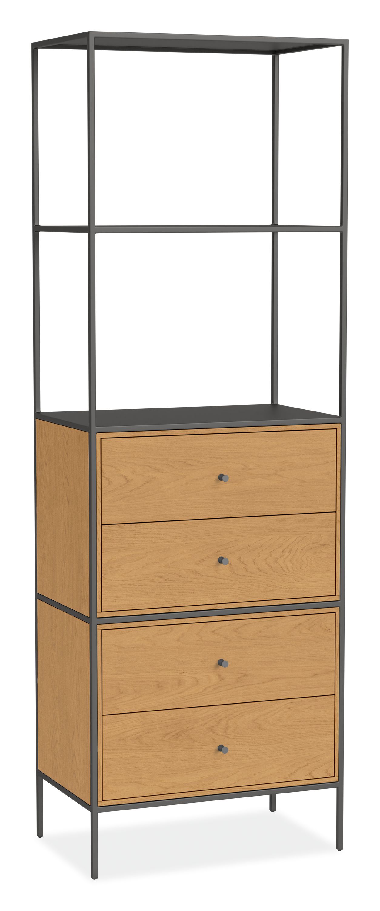 Slim 24w 15d 72h Bookcase in Natural Steel w/White Oak Four-Drawer Inserts