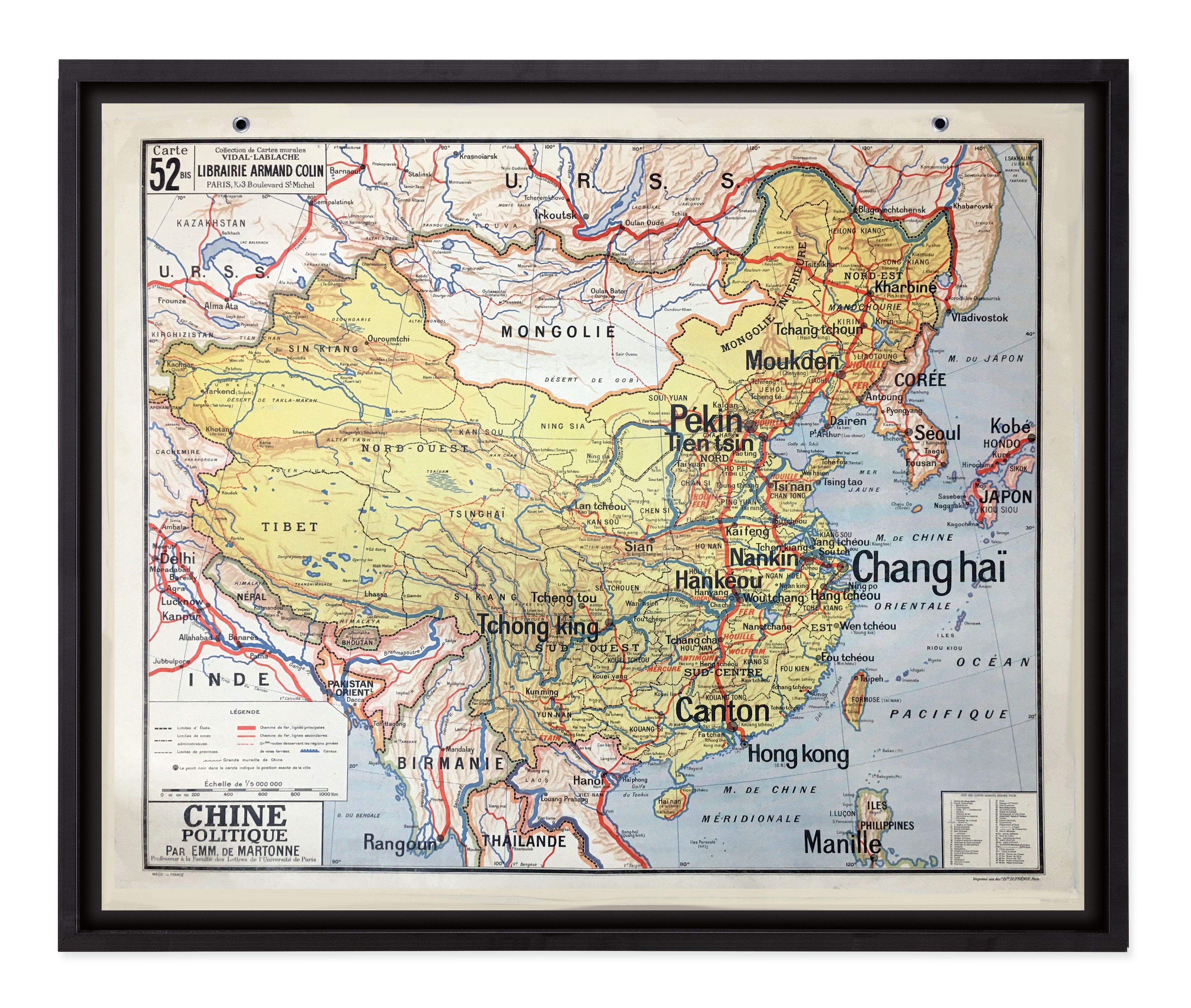 Vintage French School Map - Black Frame - Chine Politique
