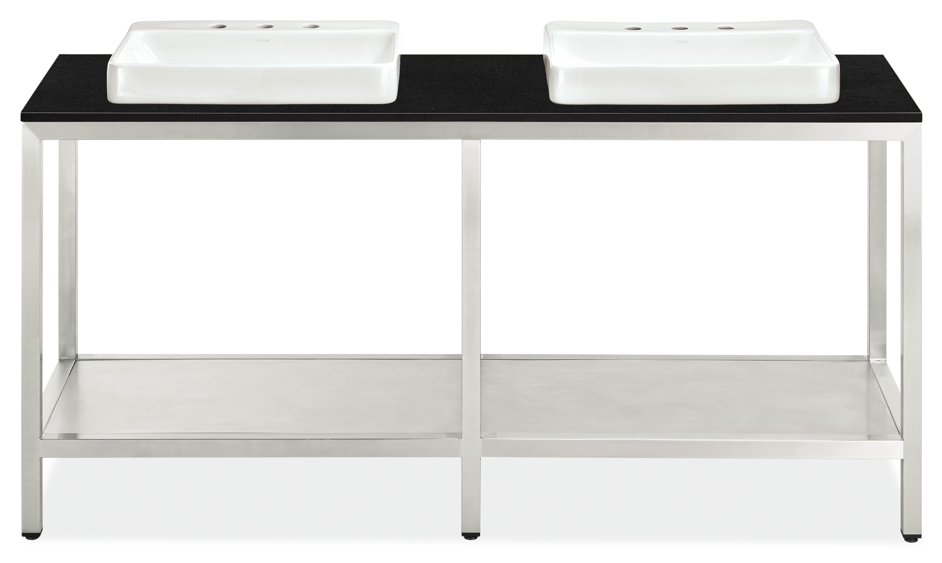 Parsons 72w 21.75d 37.25h Bath Vanity in SS w/Black Top & 3-Hole Vessel Sinks