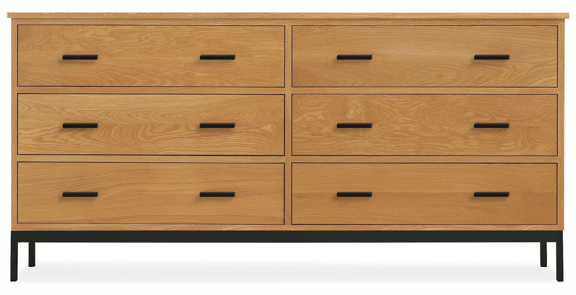 Linear 67w 20d 32h Six-Drawer Dresser in White Oak w/Natural Steel Base & Knobs