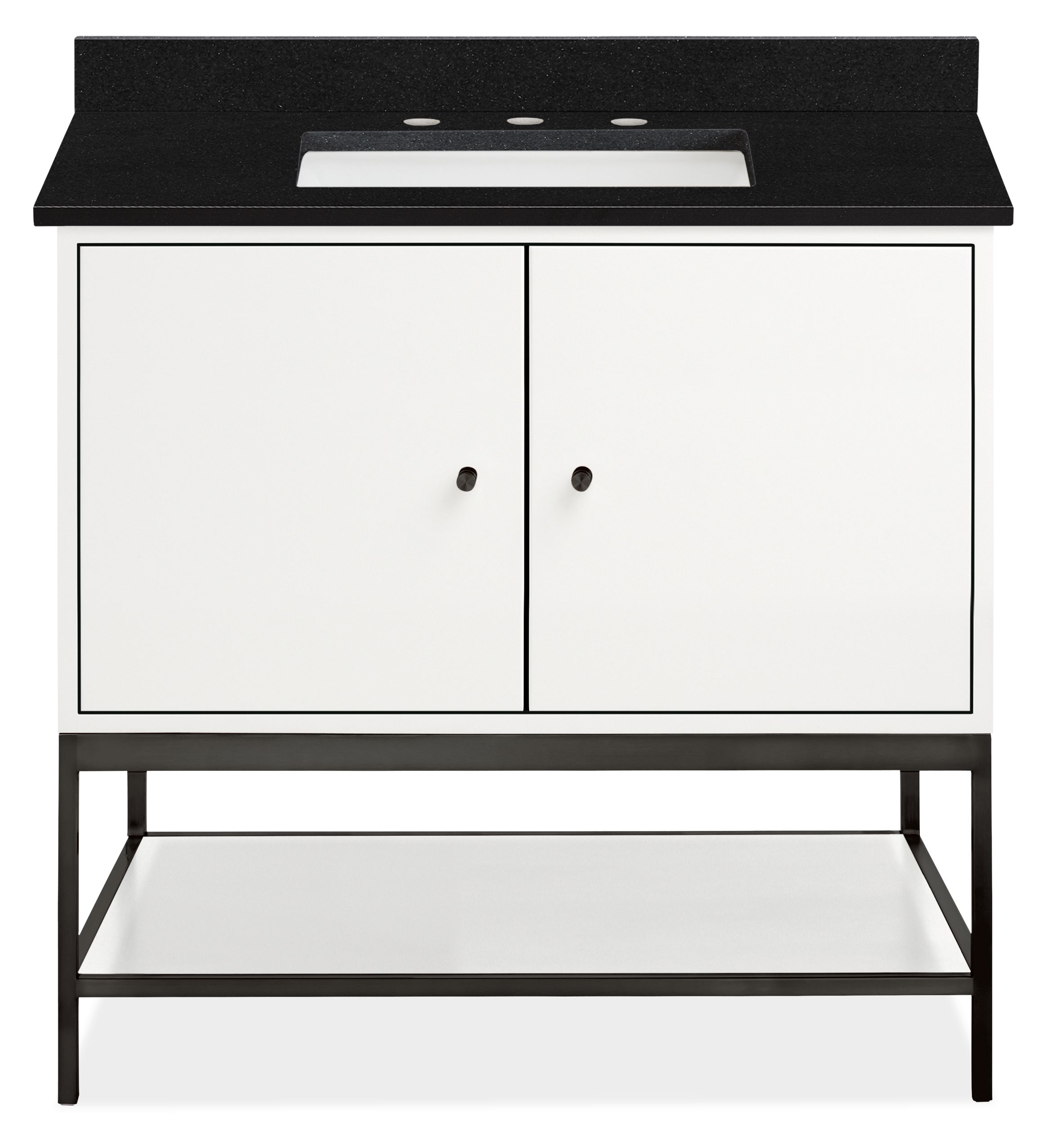 Linear 36w 21.75d Vanity w/Shelf & L&R Overhang in White w/Black Rectangle Top
