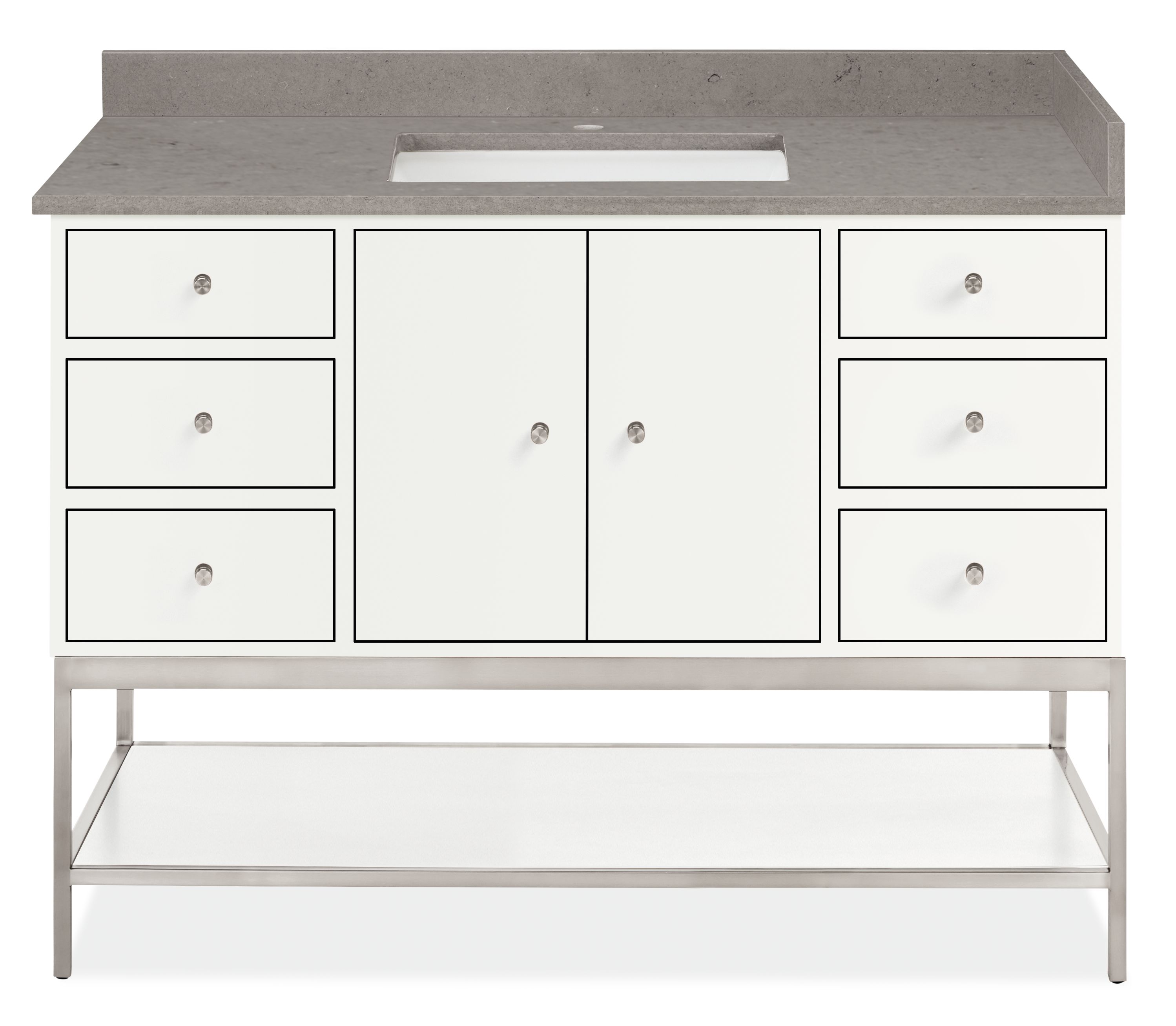 Linear 47.25w 21.75d Vanity w/Shelf & Left OH in White w/RECT 1-Hole Fog Sink