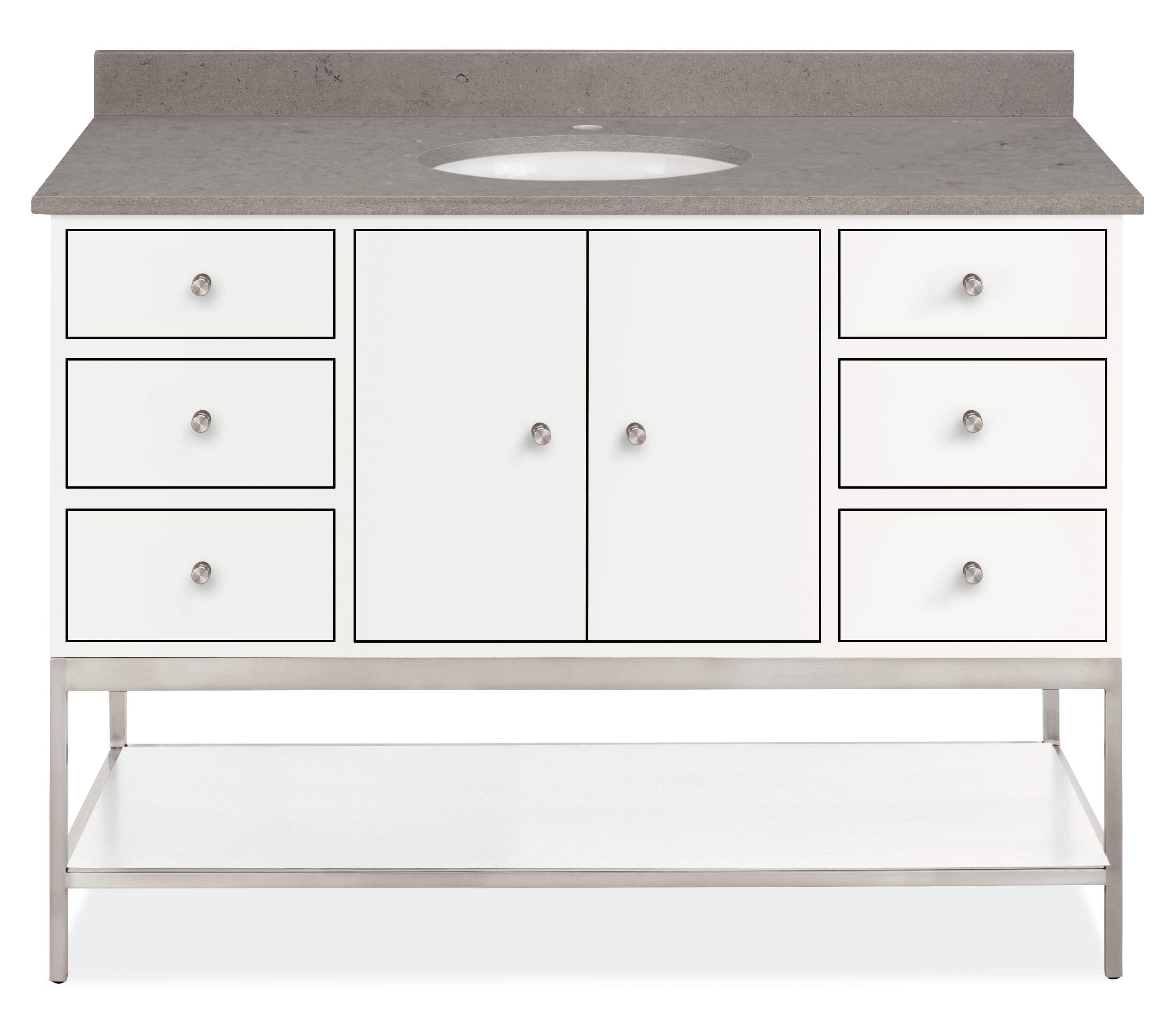 Linear 48w 21.75d Vanity w/Shelf & L&R Overhang in White w/Fog Rectangle Top