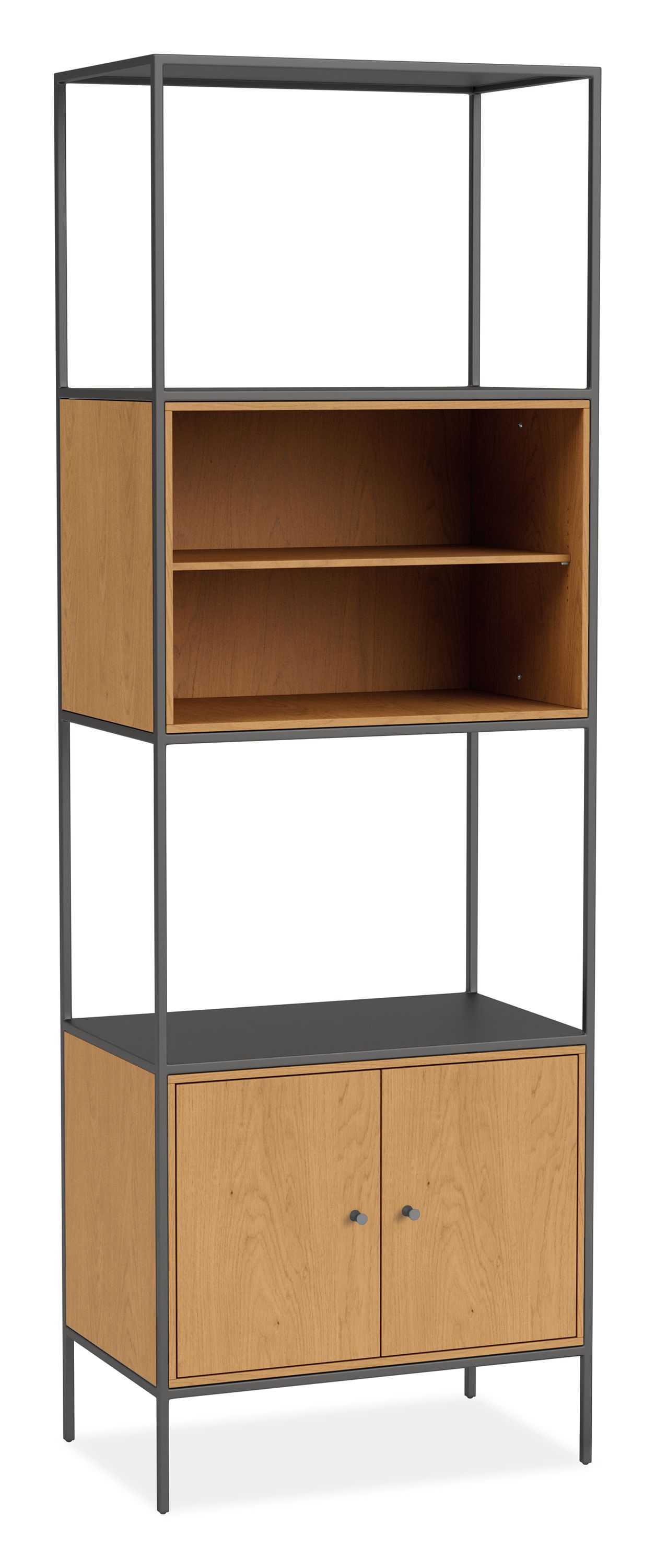 Slim 24w 15d 72h Bookcase in Natural Steel w/White Oak Two-Door/Open Inserts