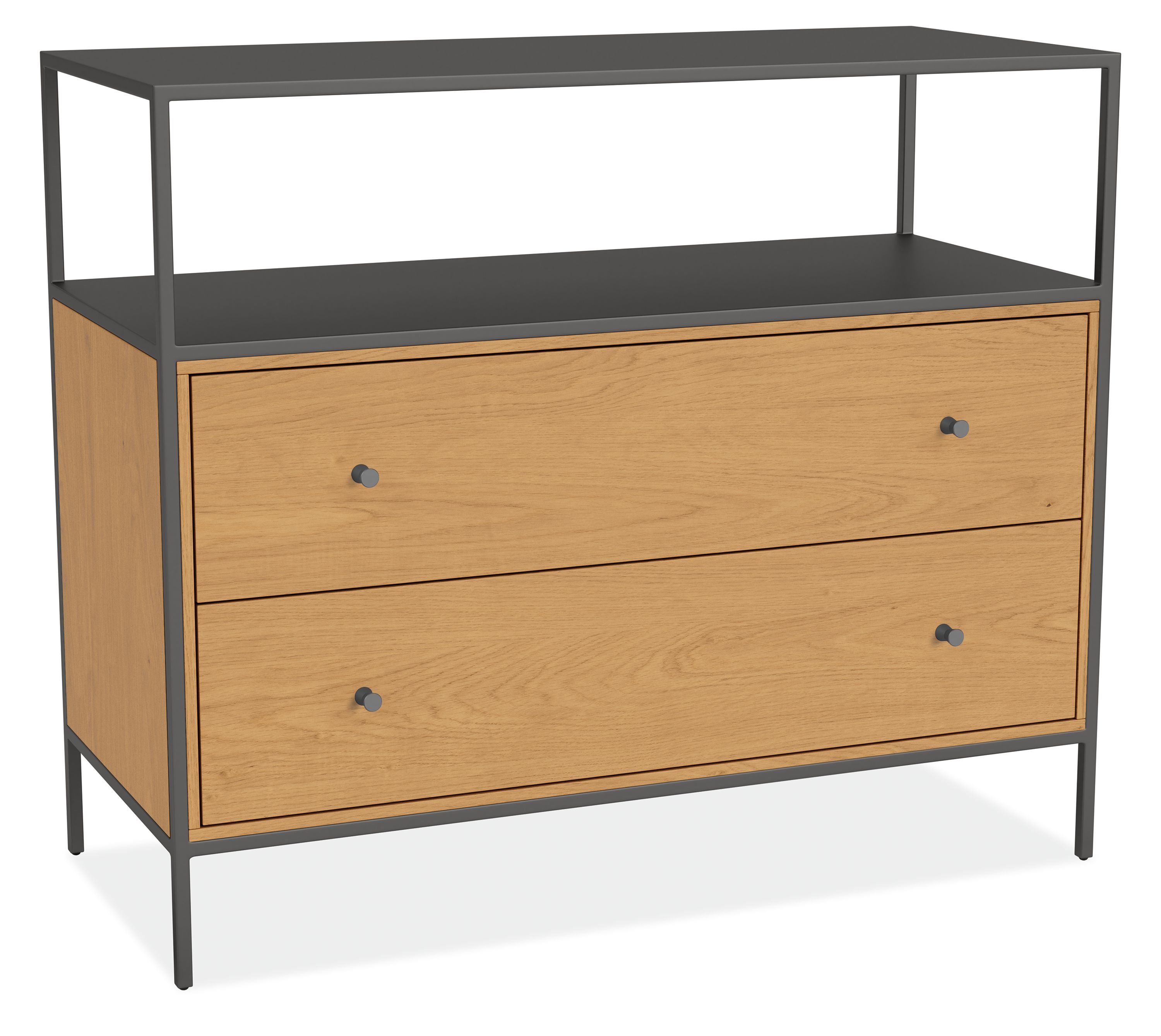 Slim 34w 15d 29h Console Bookcase in Natural Steel w/White Oak 2-Drawer Inserts