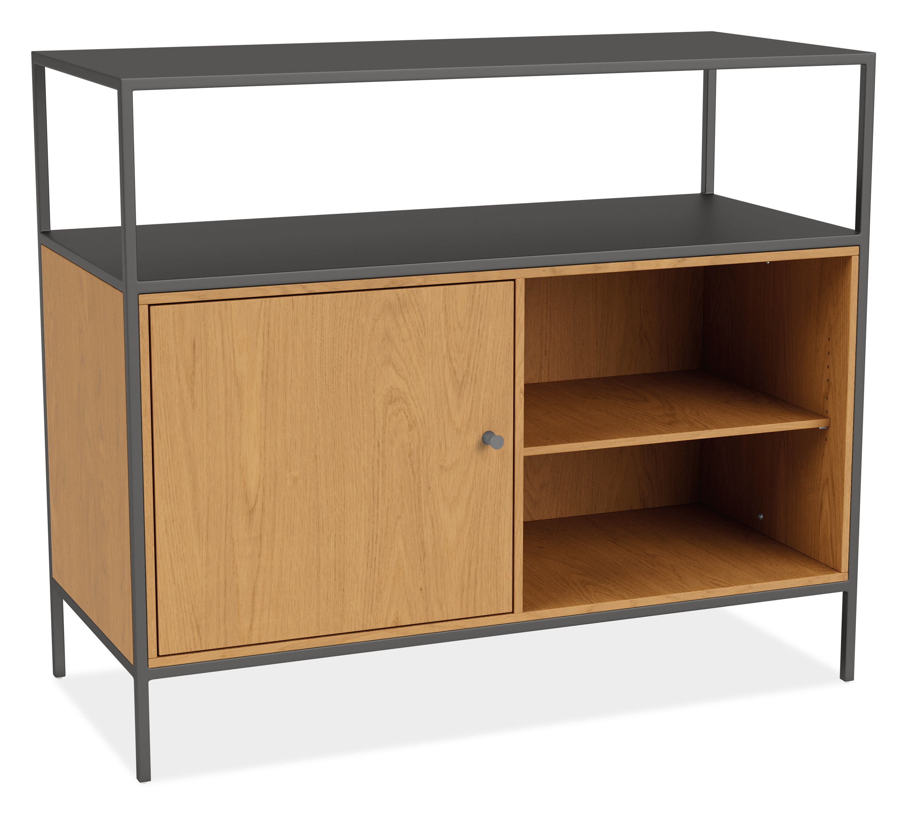 Slim 34w 15d 29h Console Bookcase in Natural Steel w/White Oak Left-Door Insert