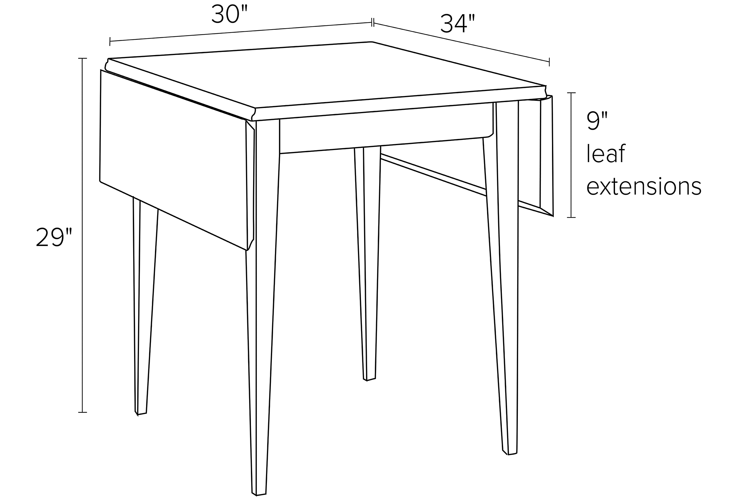 Illustration of Adams drop-leaf table dimensions.