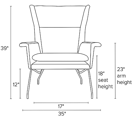 Front view dimension illustration of Aidan chair.