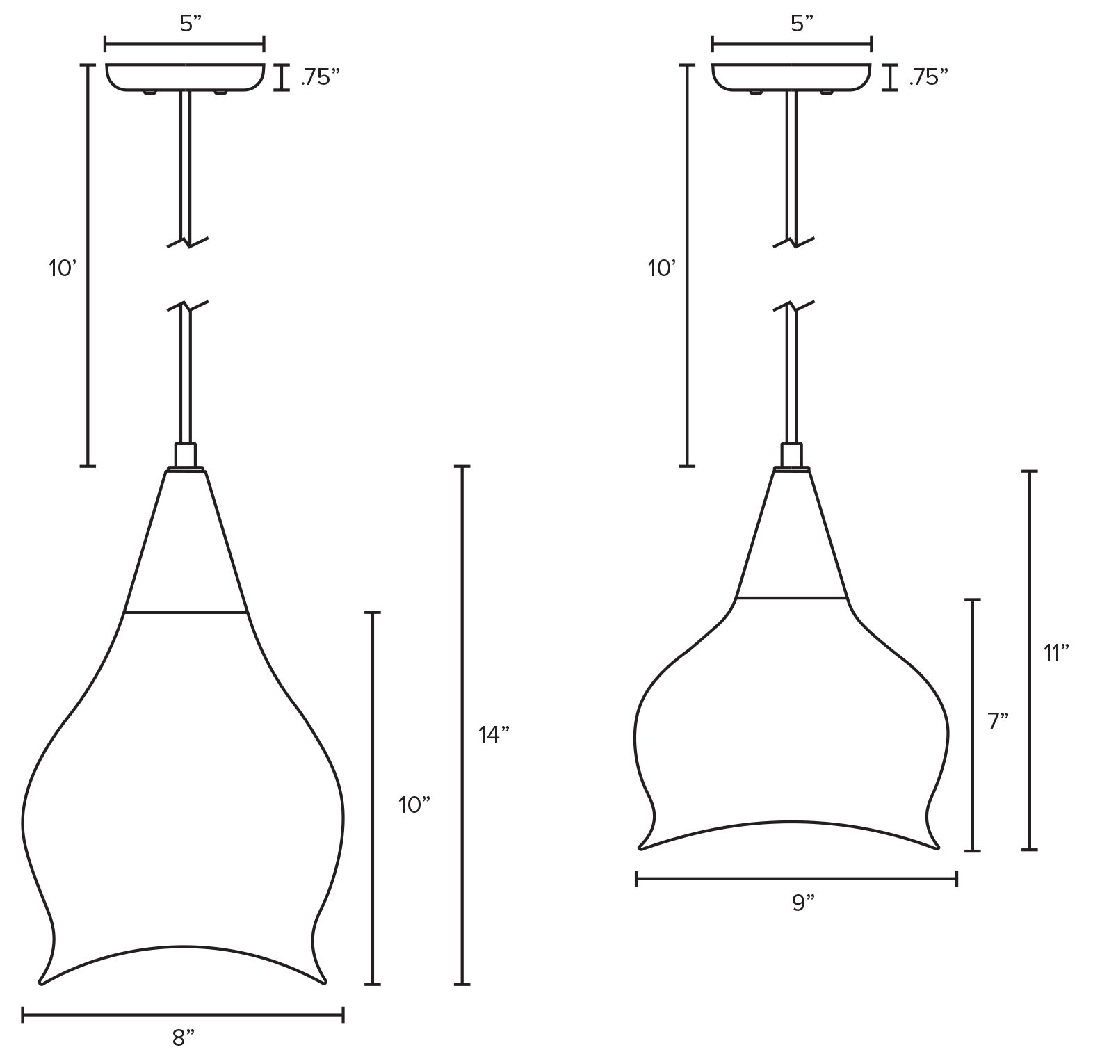 Althea Pendent line drawing with dimensions