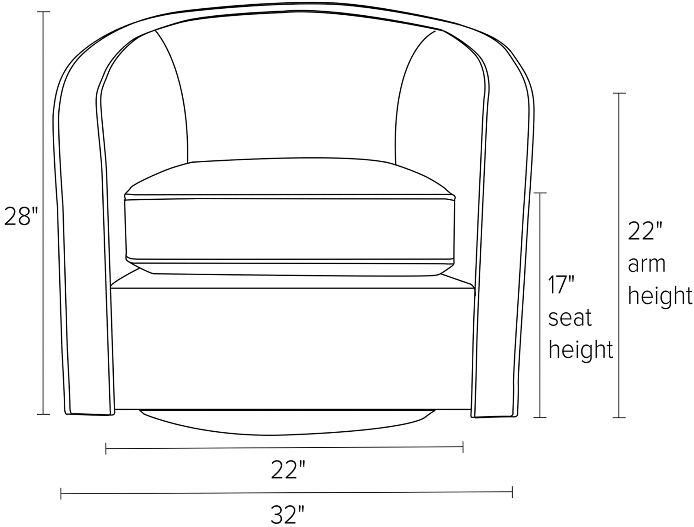 Front view dimension illustration of Amos chair.