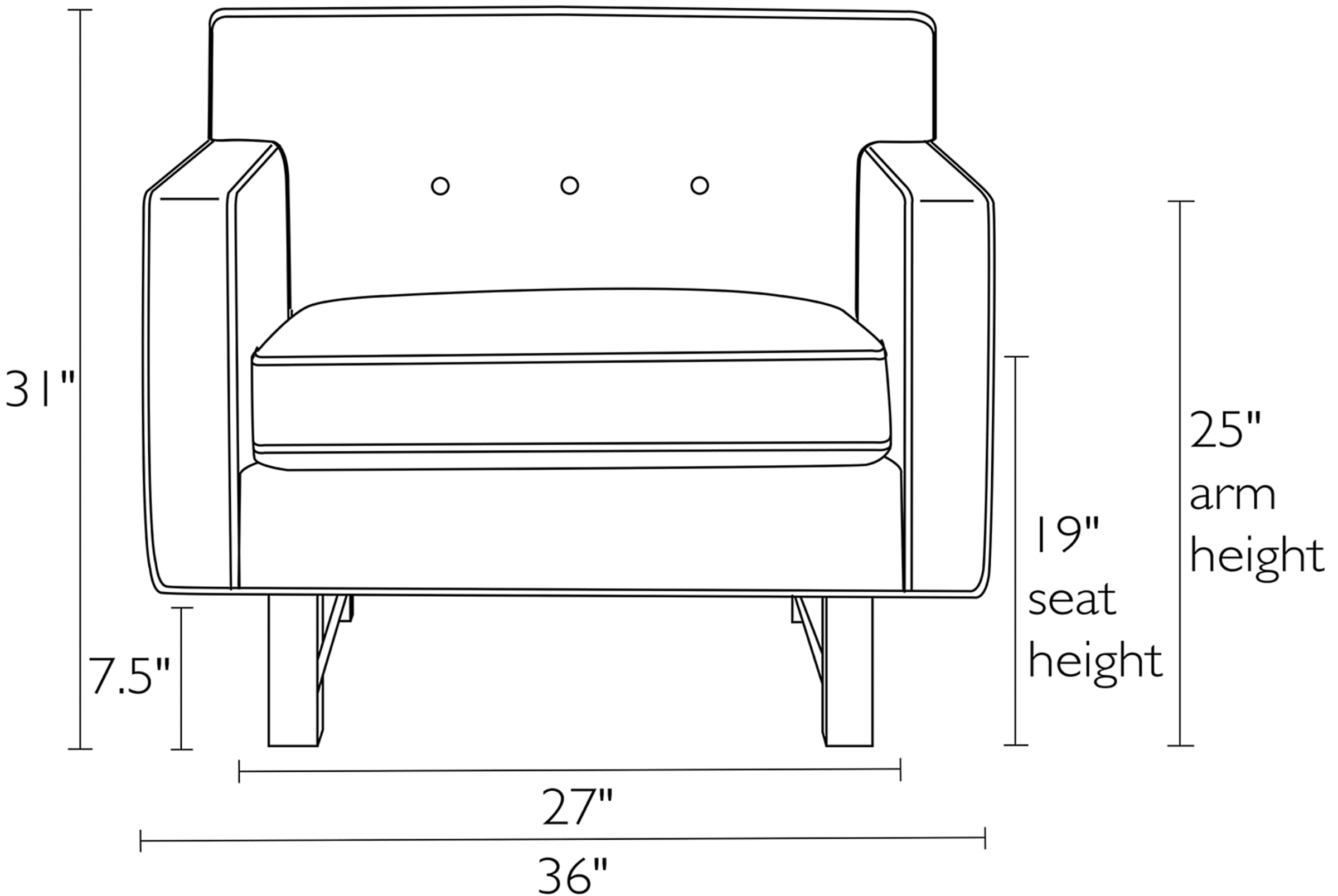 Front view dimension illustration of Andre chair.