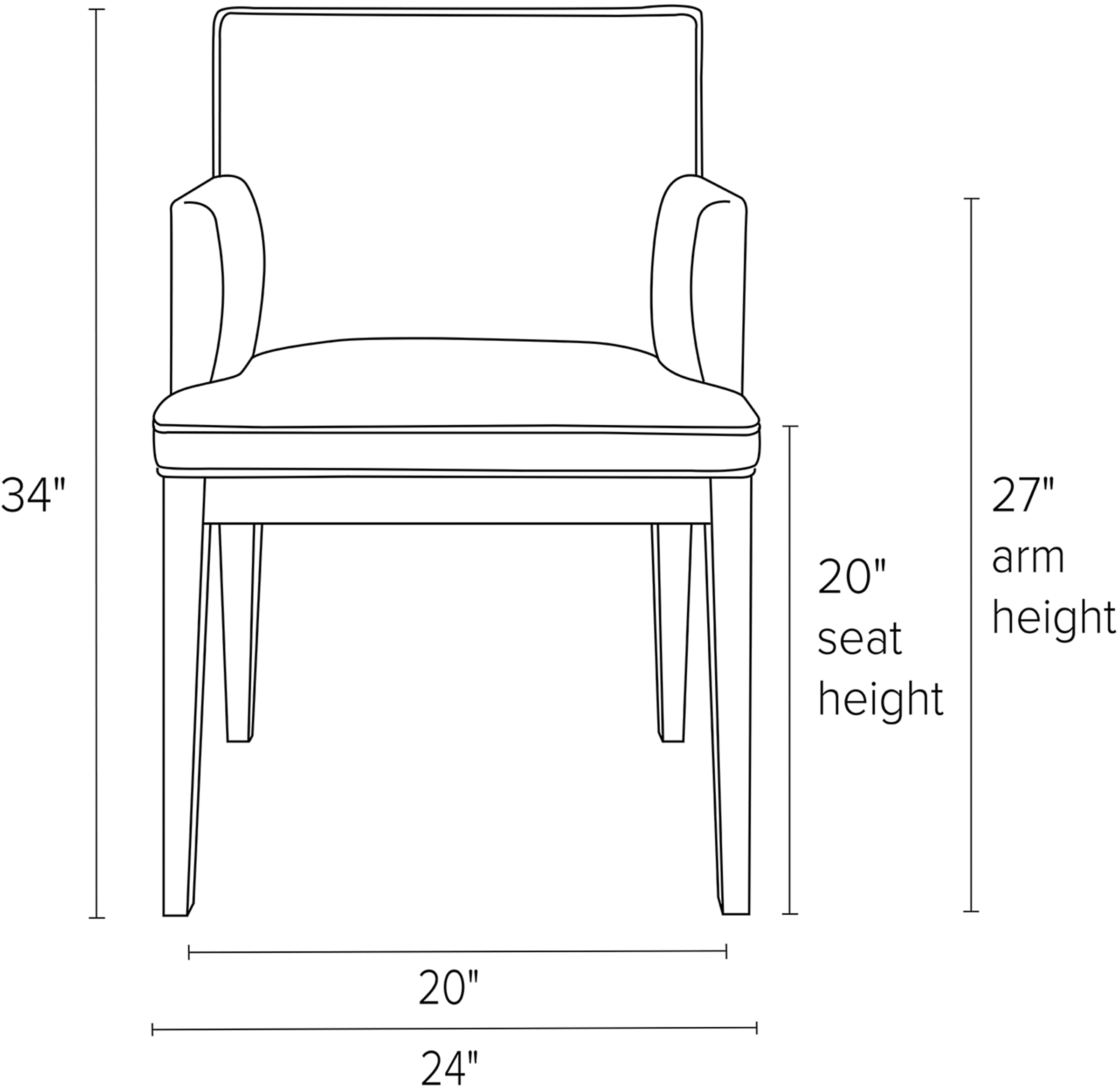 Front view dimension illustration of Ansel arm chair.