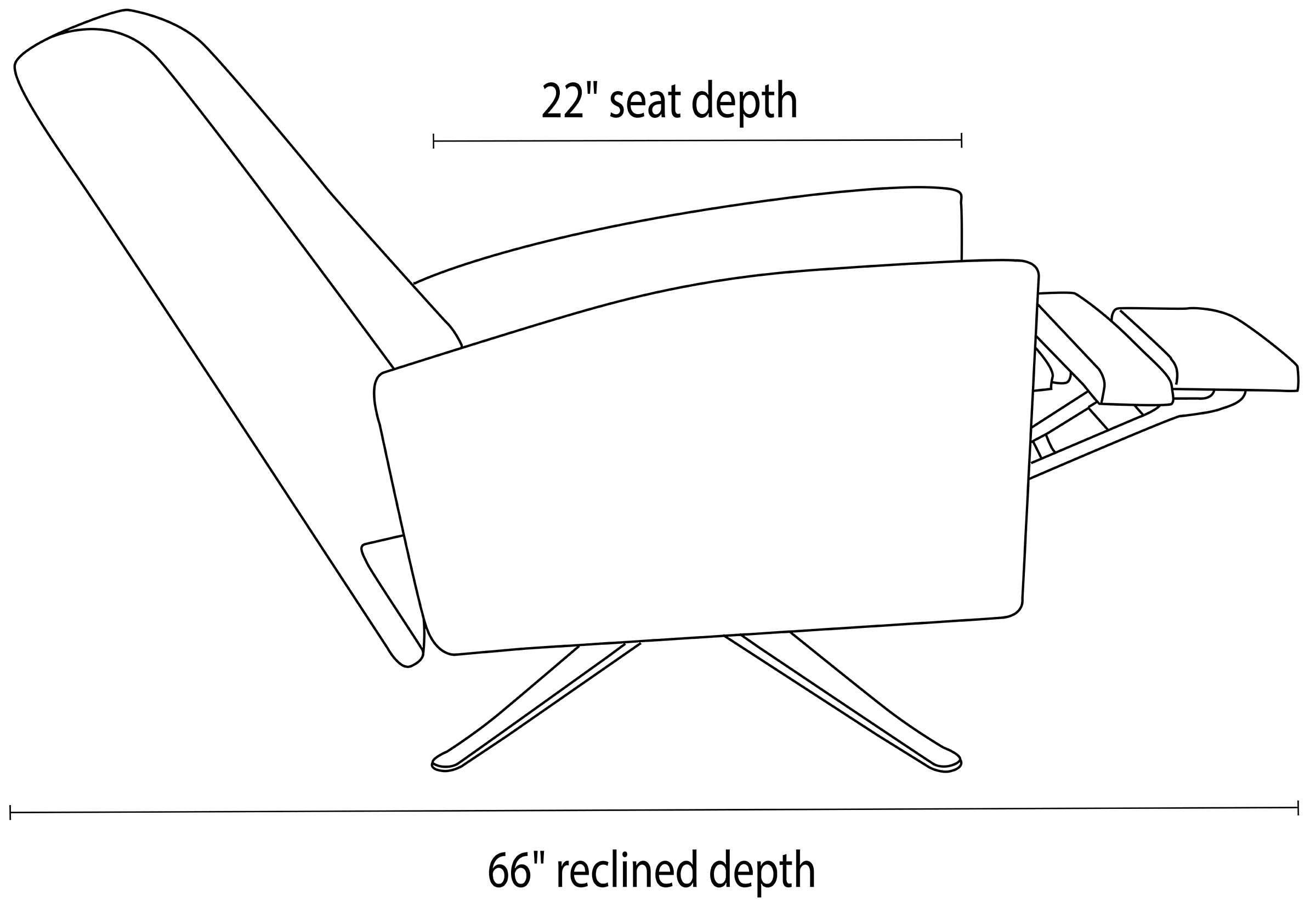 Side view dimension illustration of Arlo recliner with curved arms.