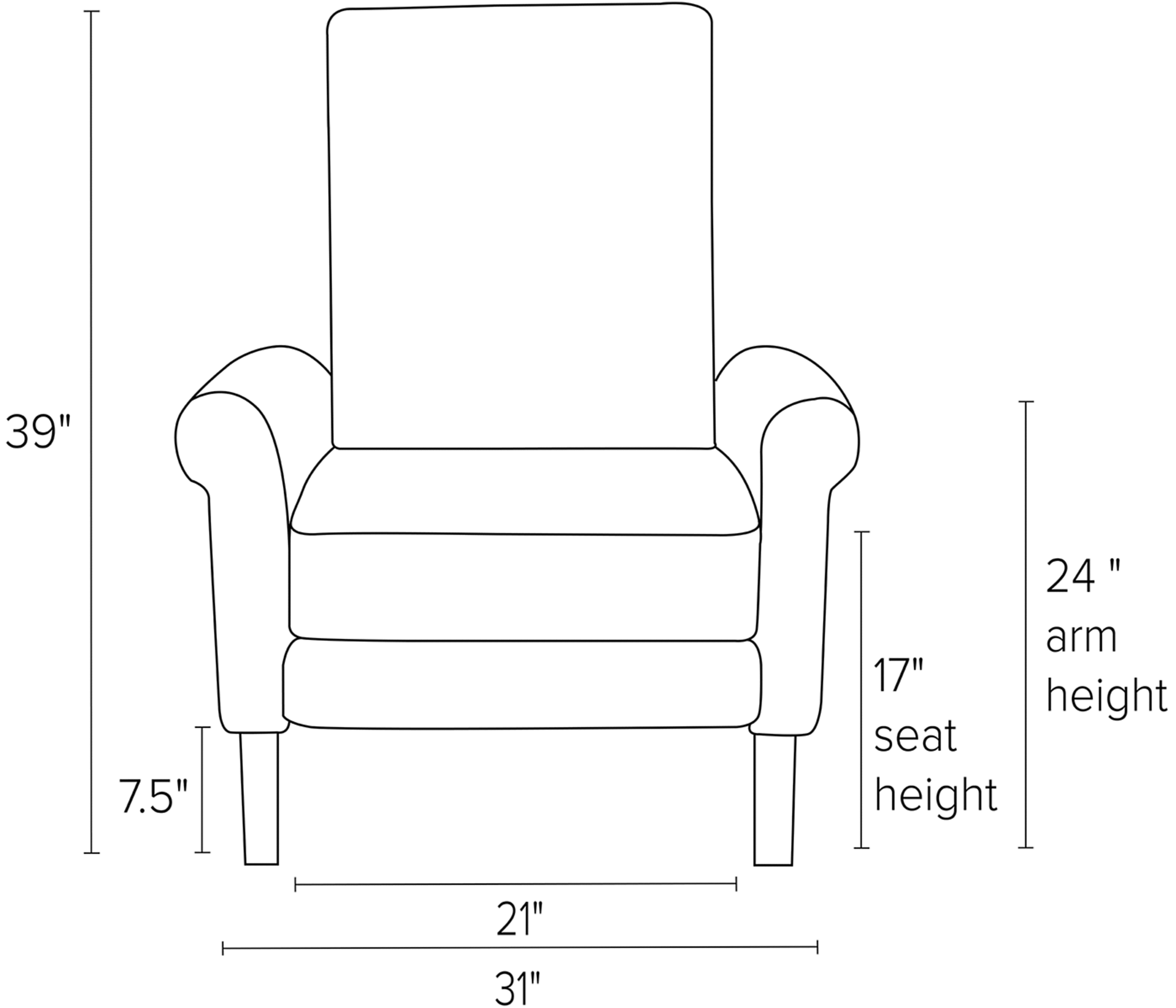 Front view dimension illustration of Arlo recliner with rolled arms.
