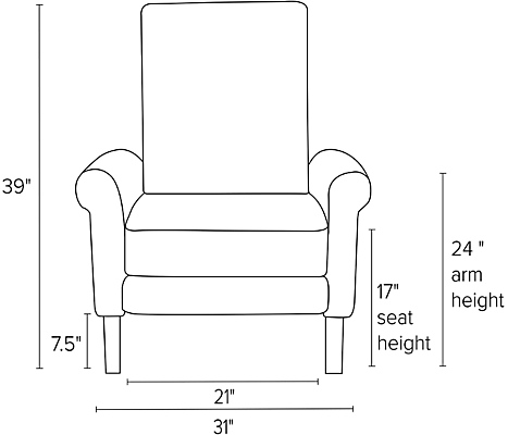 Front view dimension illustration of Arlo recliner with rolled arms.
