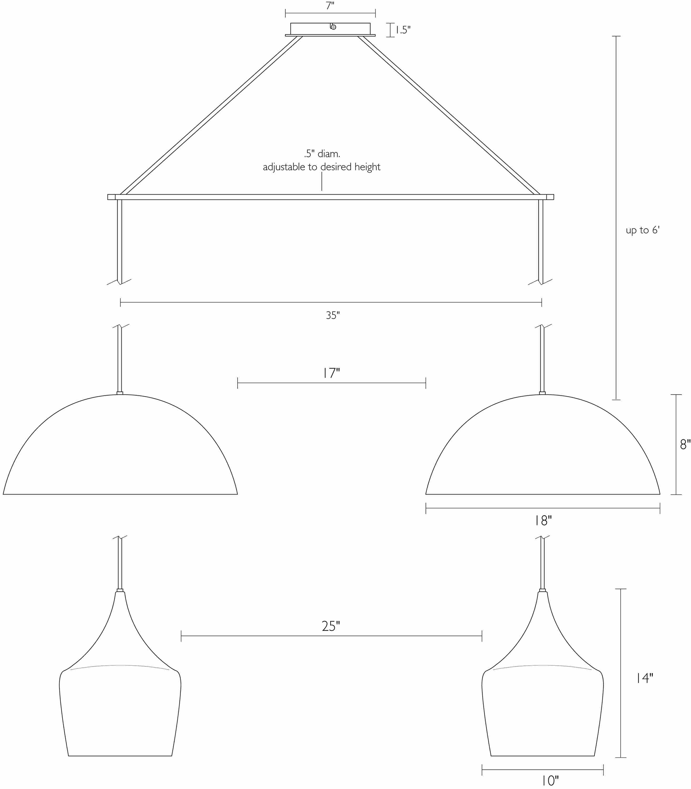 Detail of Aurora double pendant dimension drawings.