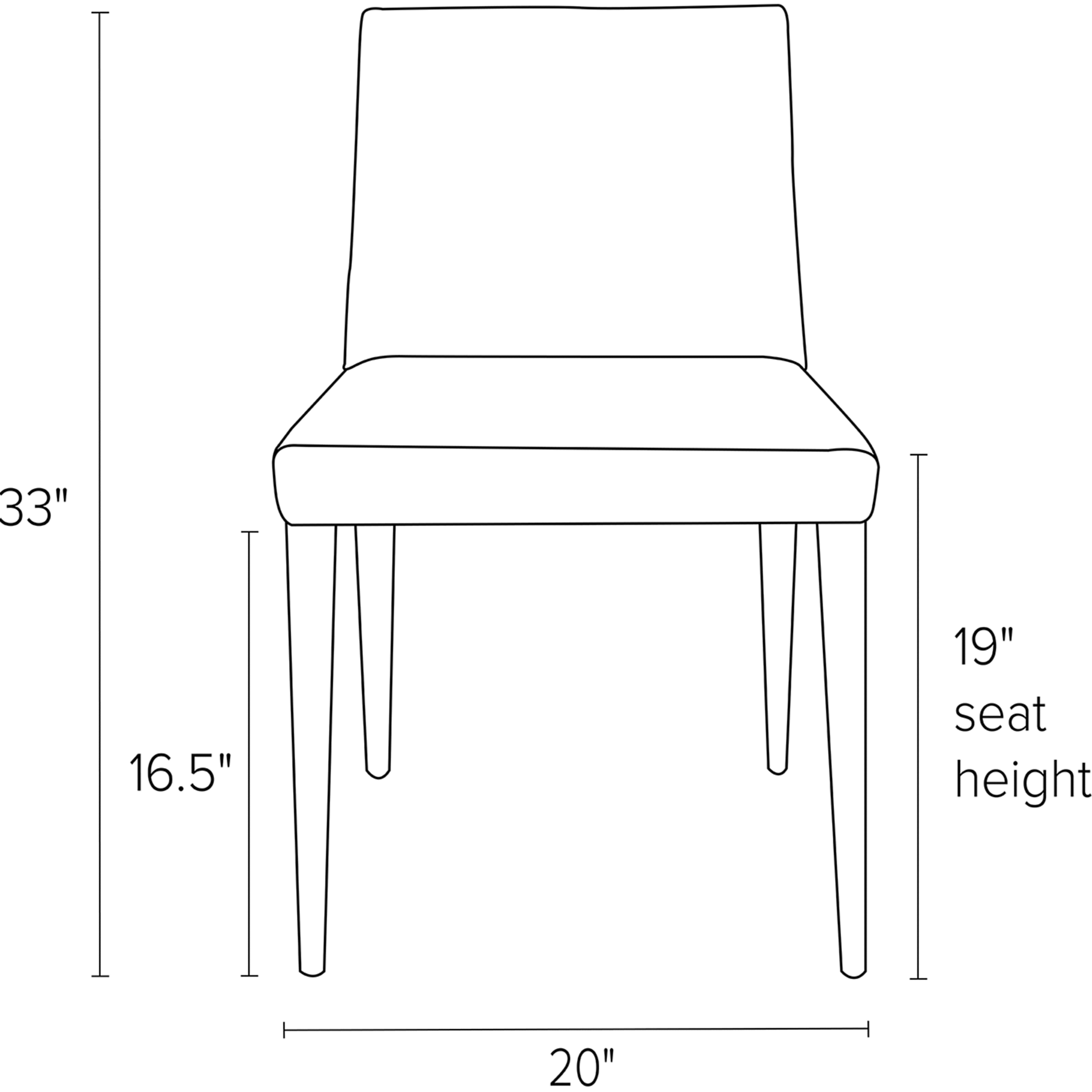 Front view dimension illustration of Ava side chair.
