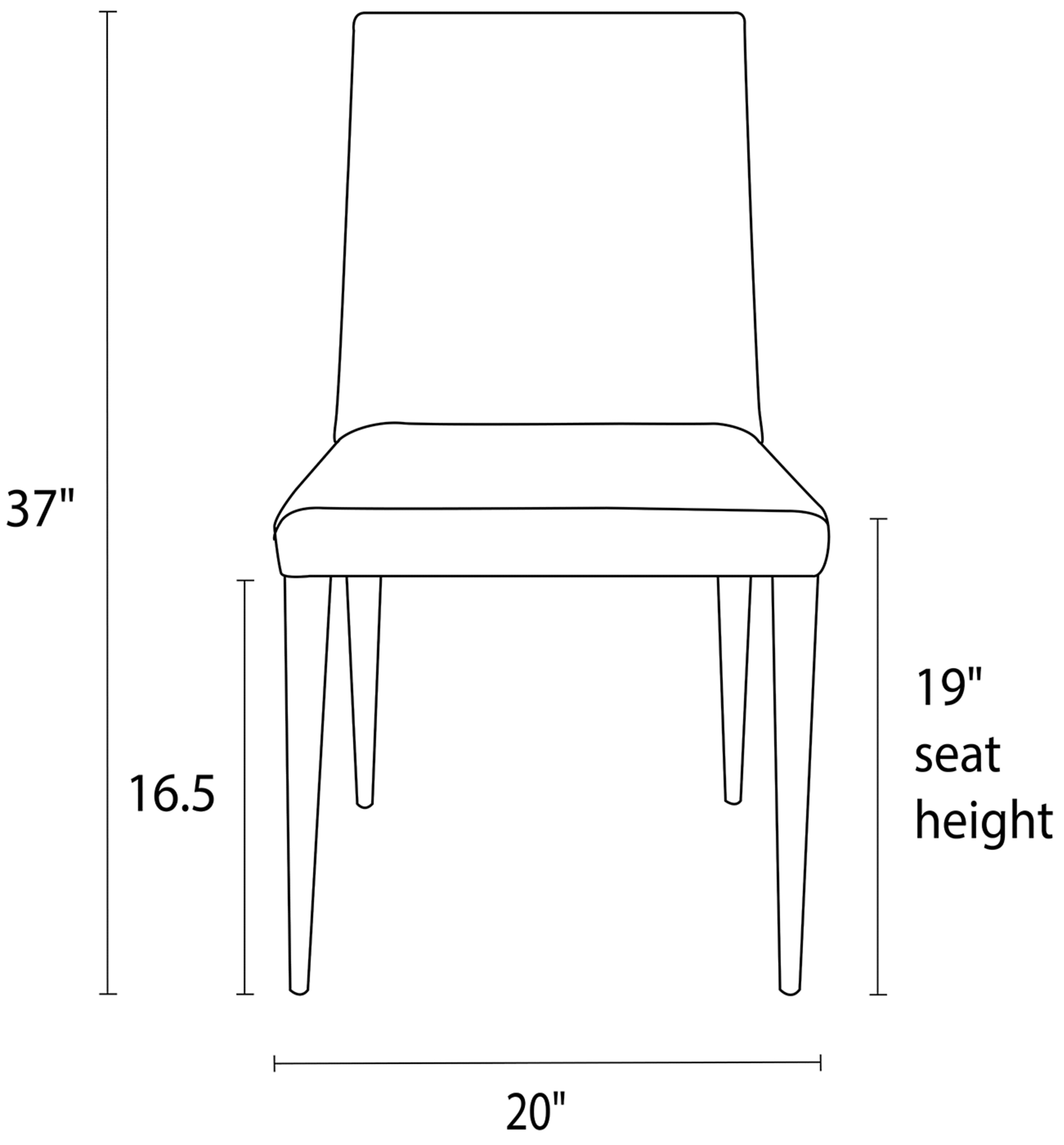 Front view dimension illustration of Ava high back chair.