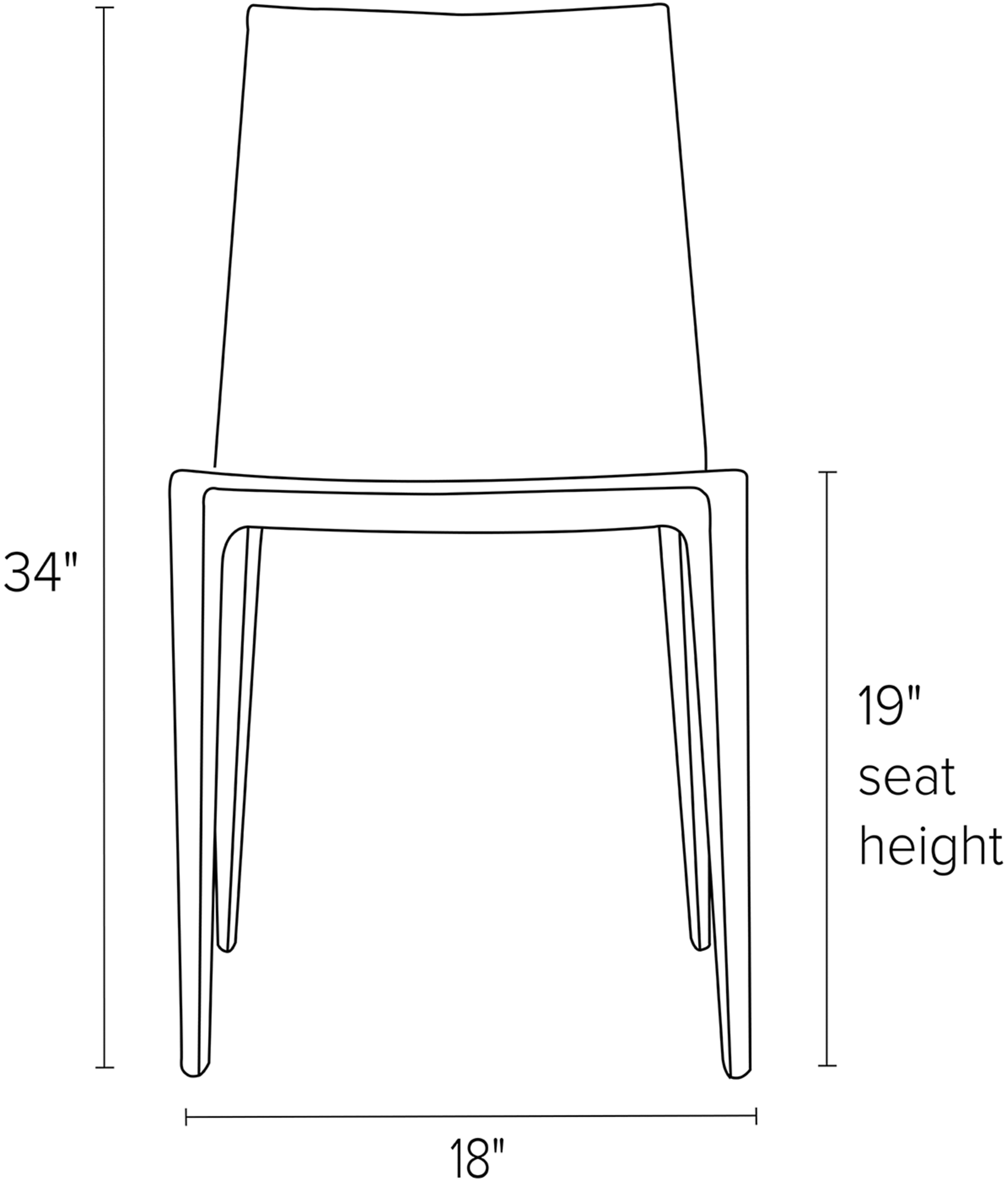 Front view dimension illustration of Bellini chair.