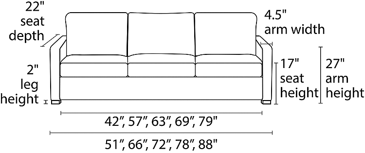 Berin Sleeper Sofa Thin-arm Front View Dimension Drawing