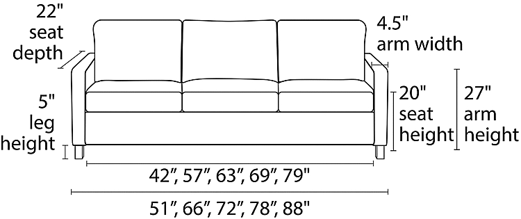 Berin Sleeper Sofa Thin-arm High-Leg Front View Dimension Drawing