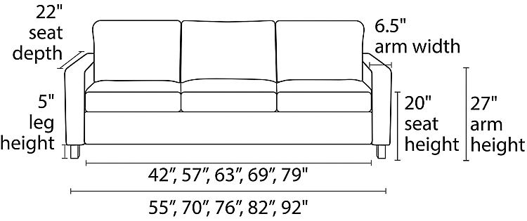 Berin Sleeper Sofa Wide-arm Front View Dimension Drawing