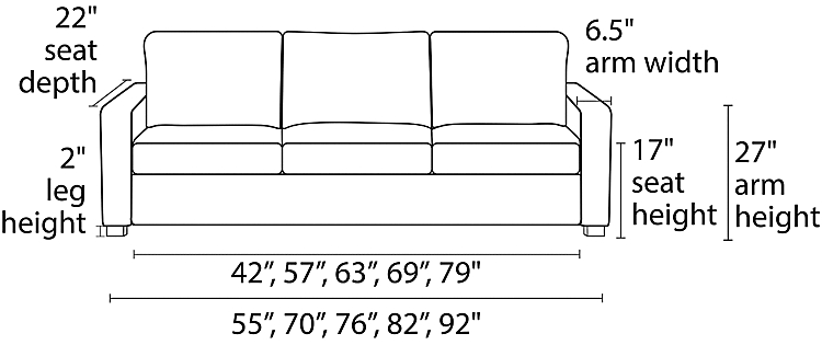 Berin Sleeper Sofa Wide-arm Low-leg Front View Dimension Drawing