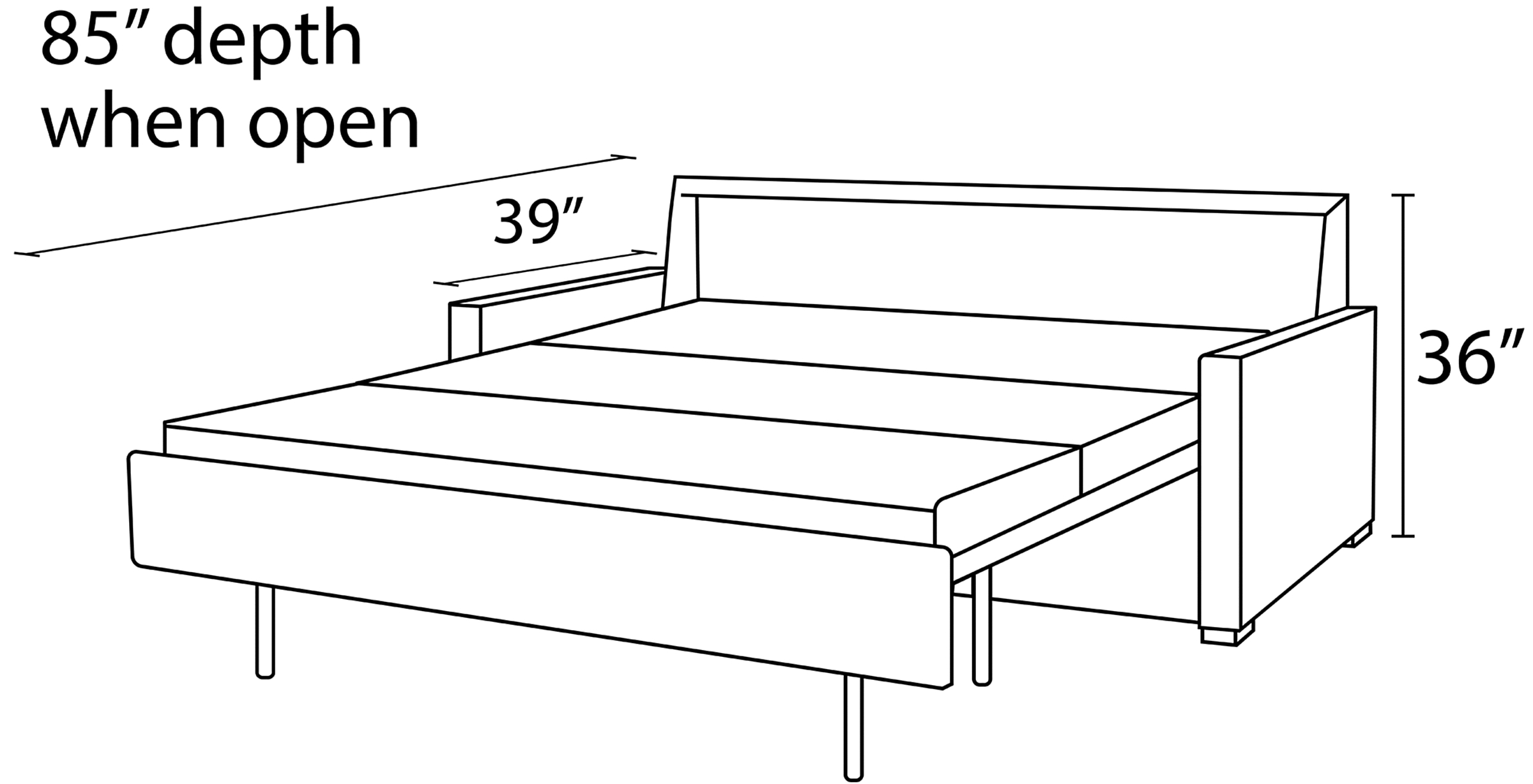 Berin Sleeper Sofa Thin-arm Open Sleeper View Dimension Drawing