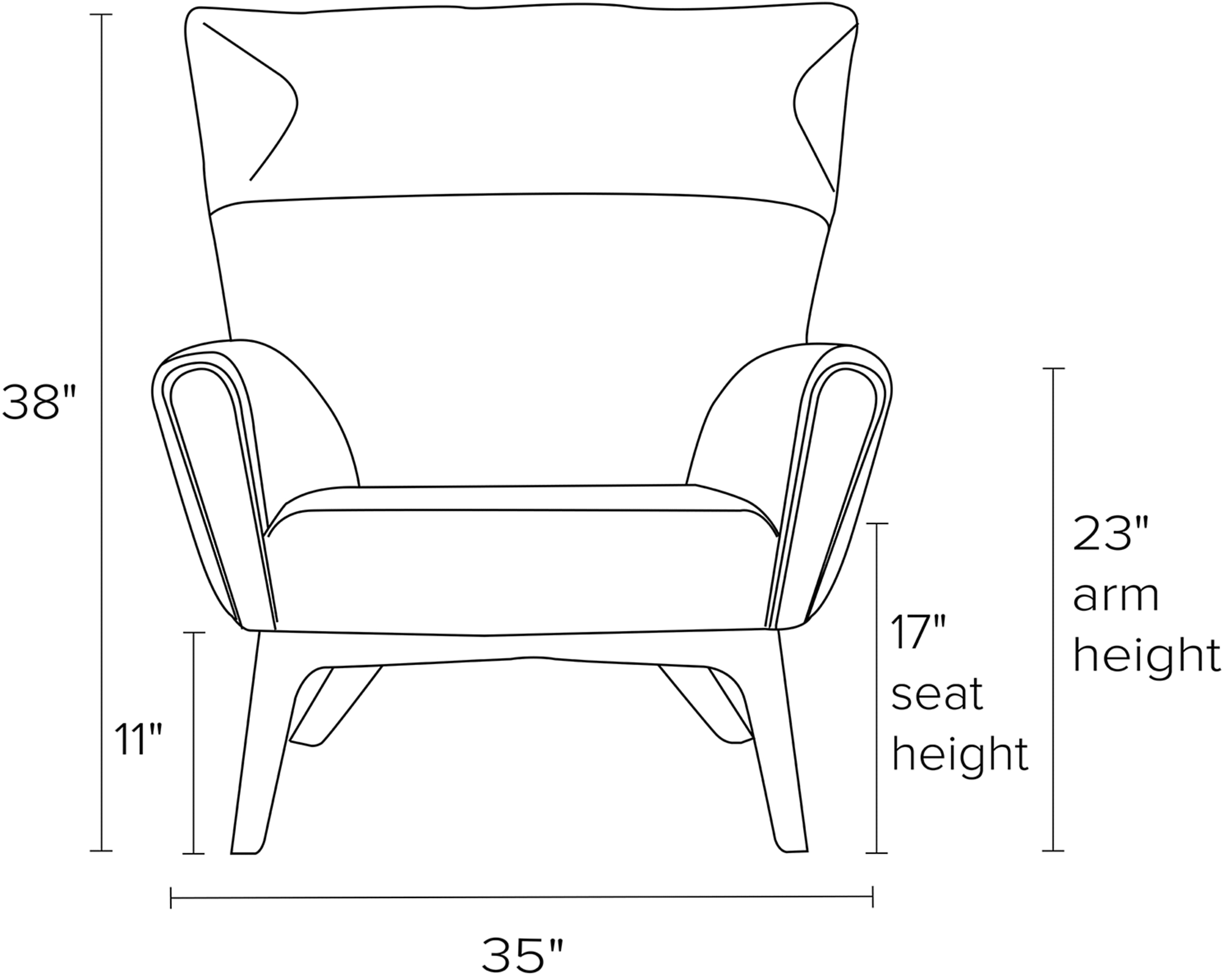 Front view dimension illustration of Boden chair.