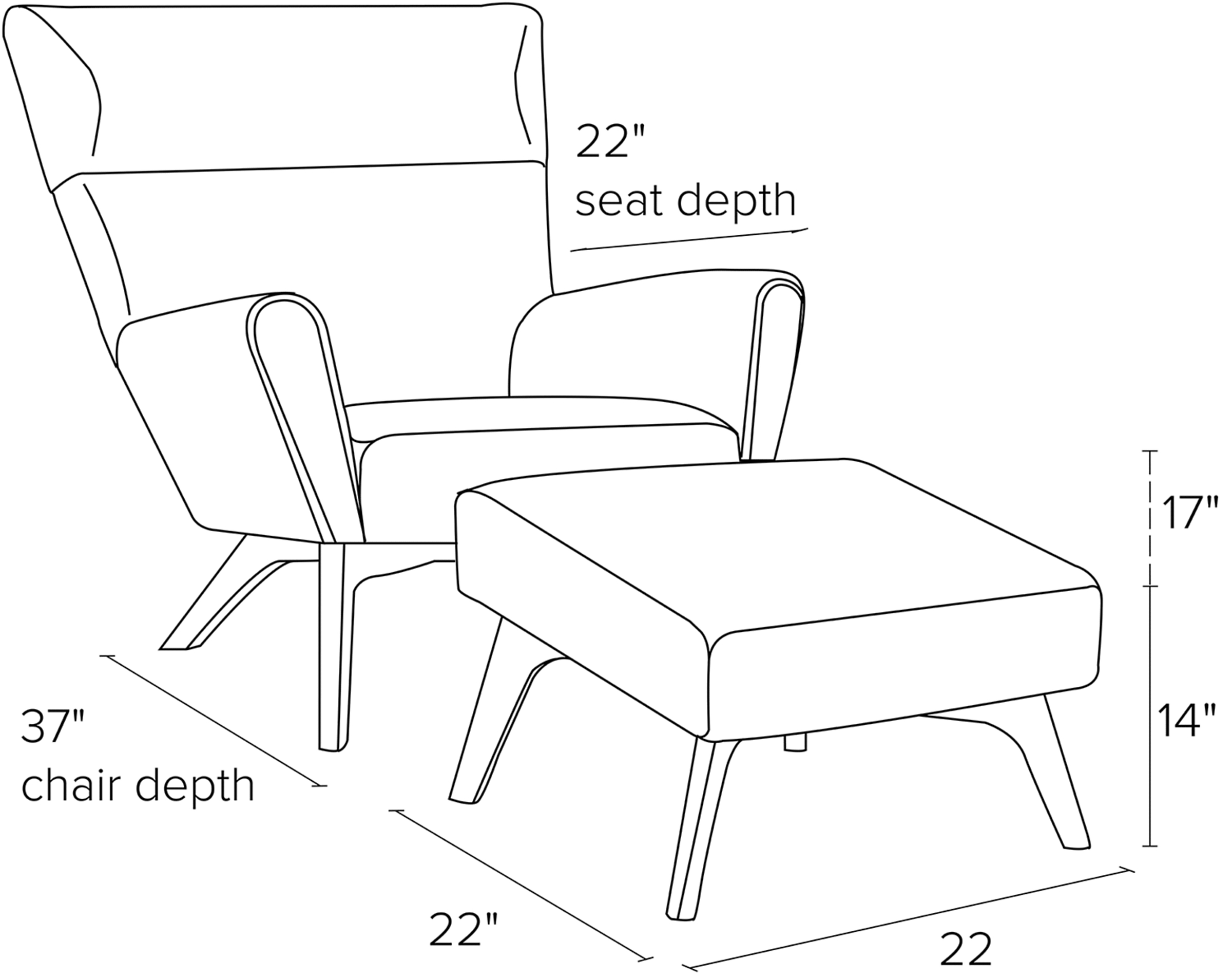 Side view dimension illustration of Boden chair.