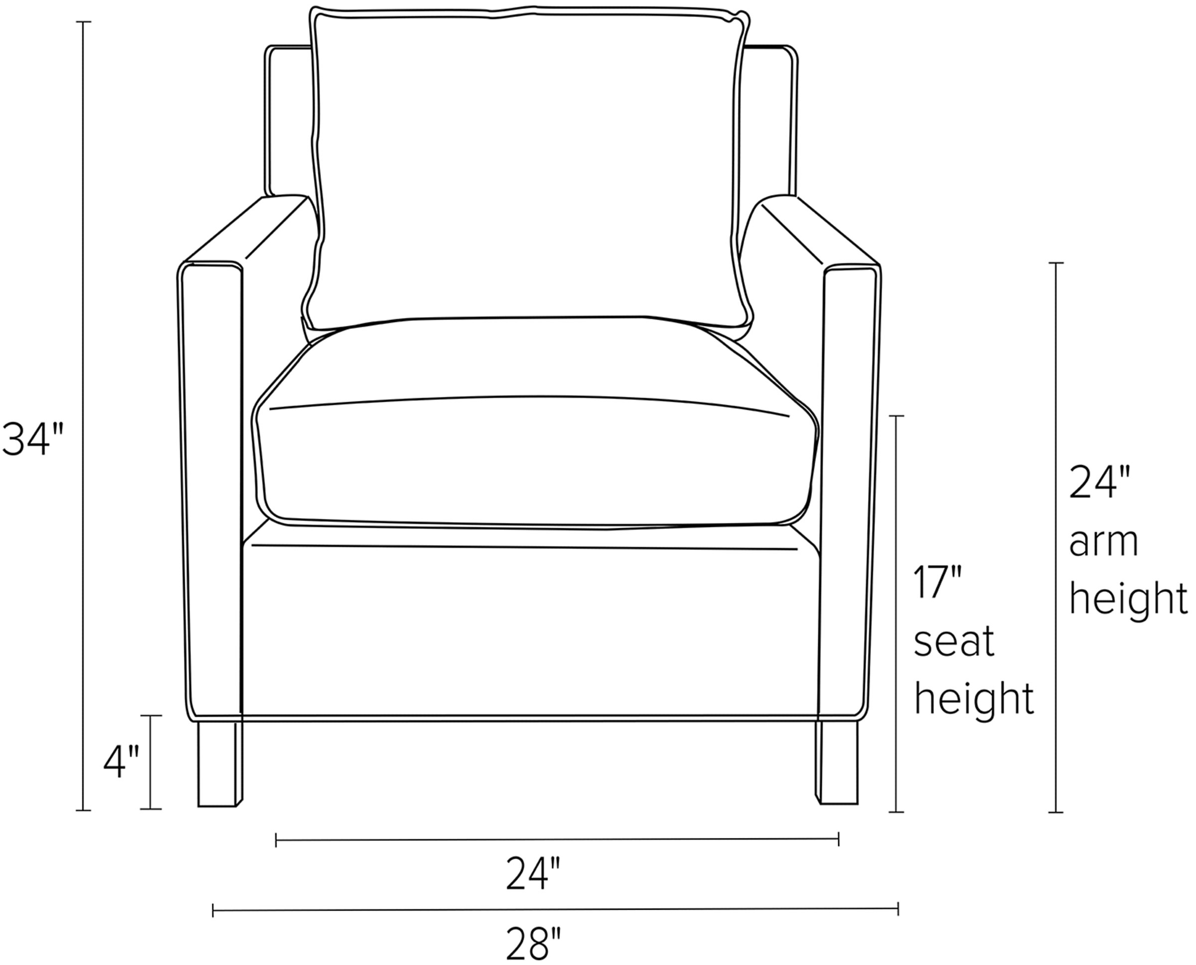 Front view dimension illustration of Bram chair.