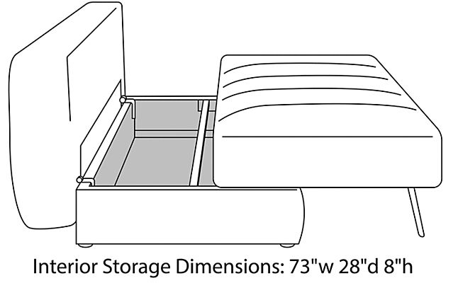 Open side view dimention drawing of the Bruno Convertible Sleeper Sofa.
