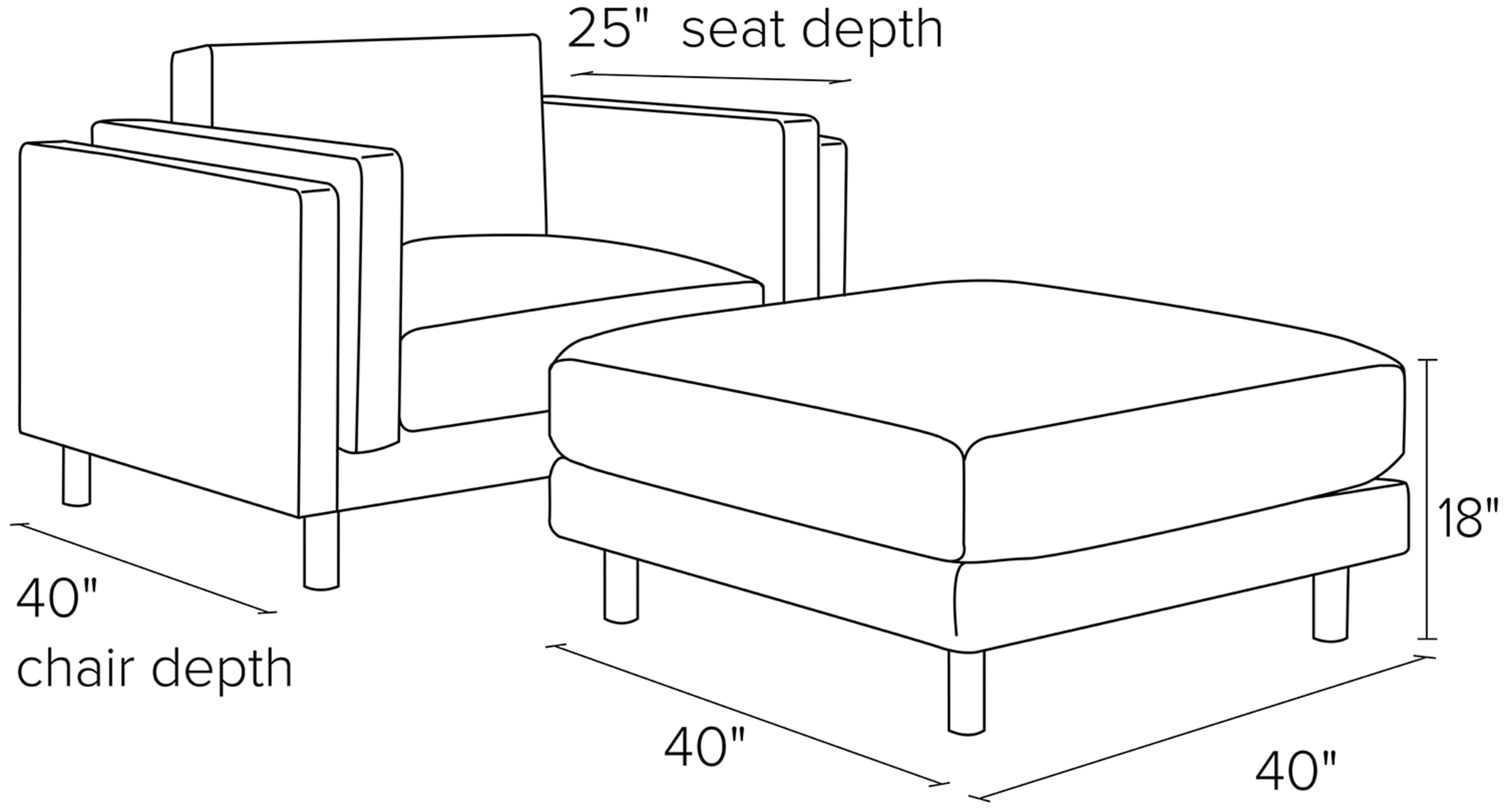 Side view dimension illustration of Cade chair and ottoman.