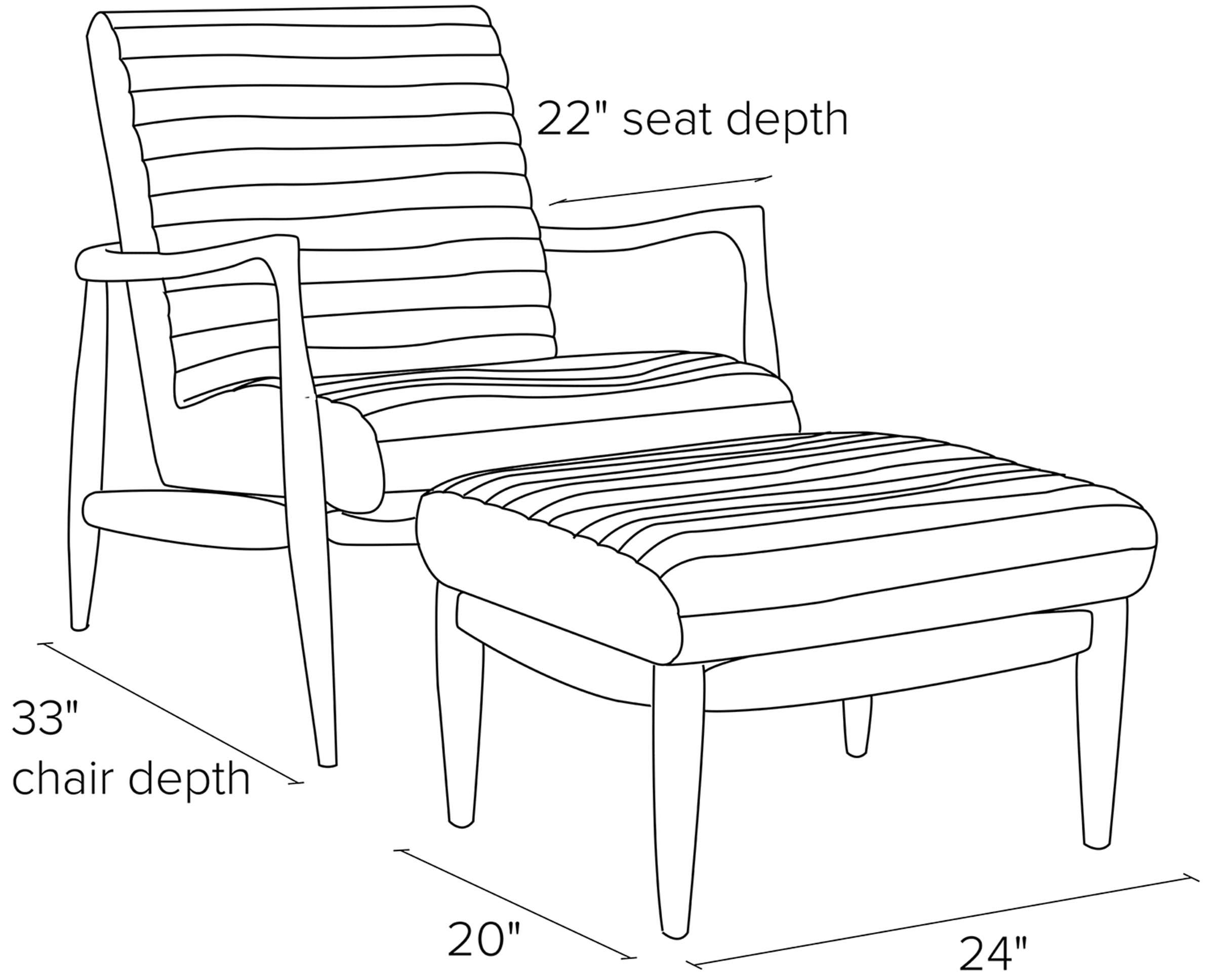 Side view dimension illustration of Callan chair and ottoman.