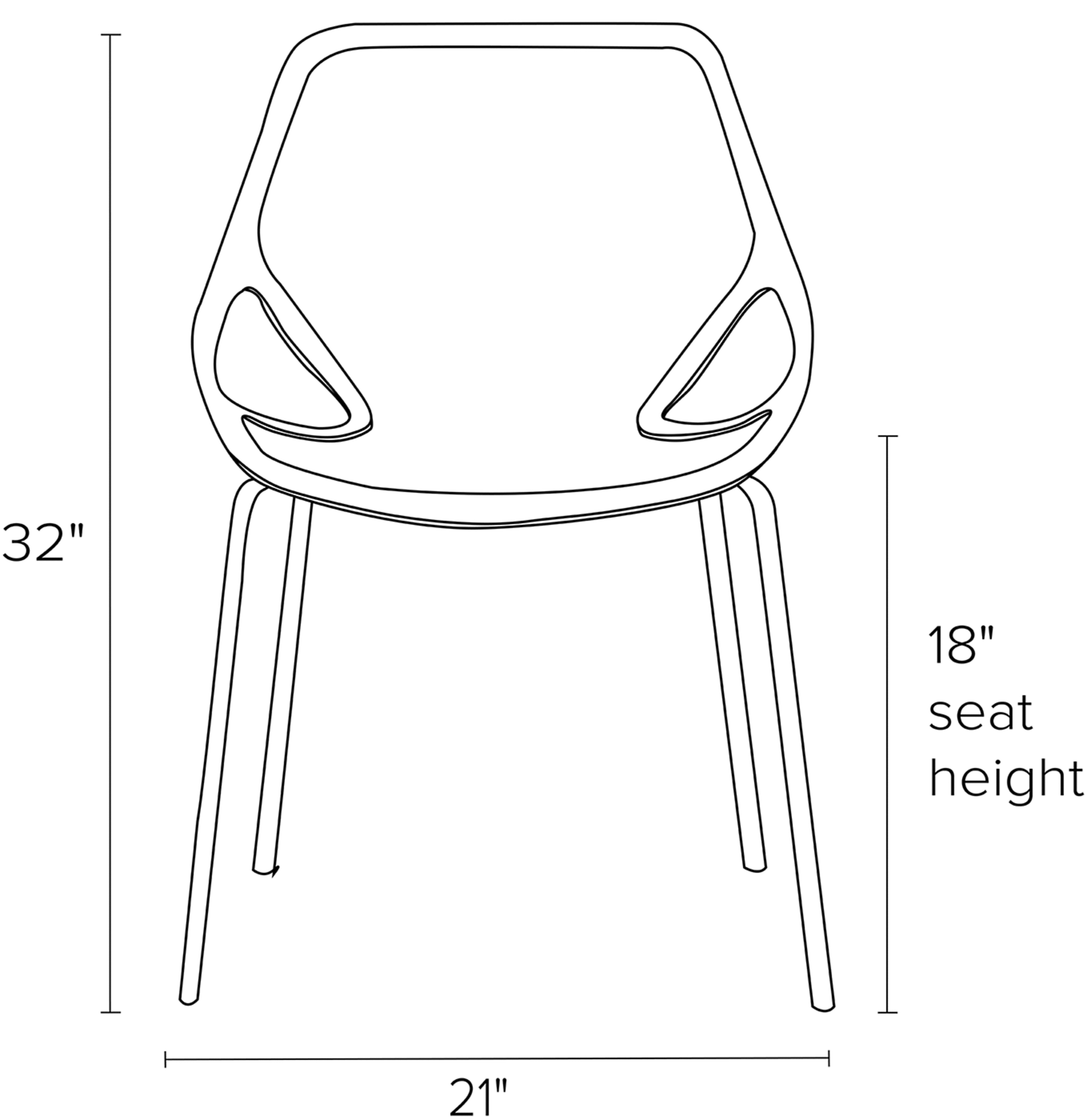 Front view dimension illustration of Caprice side chair.