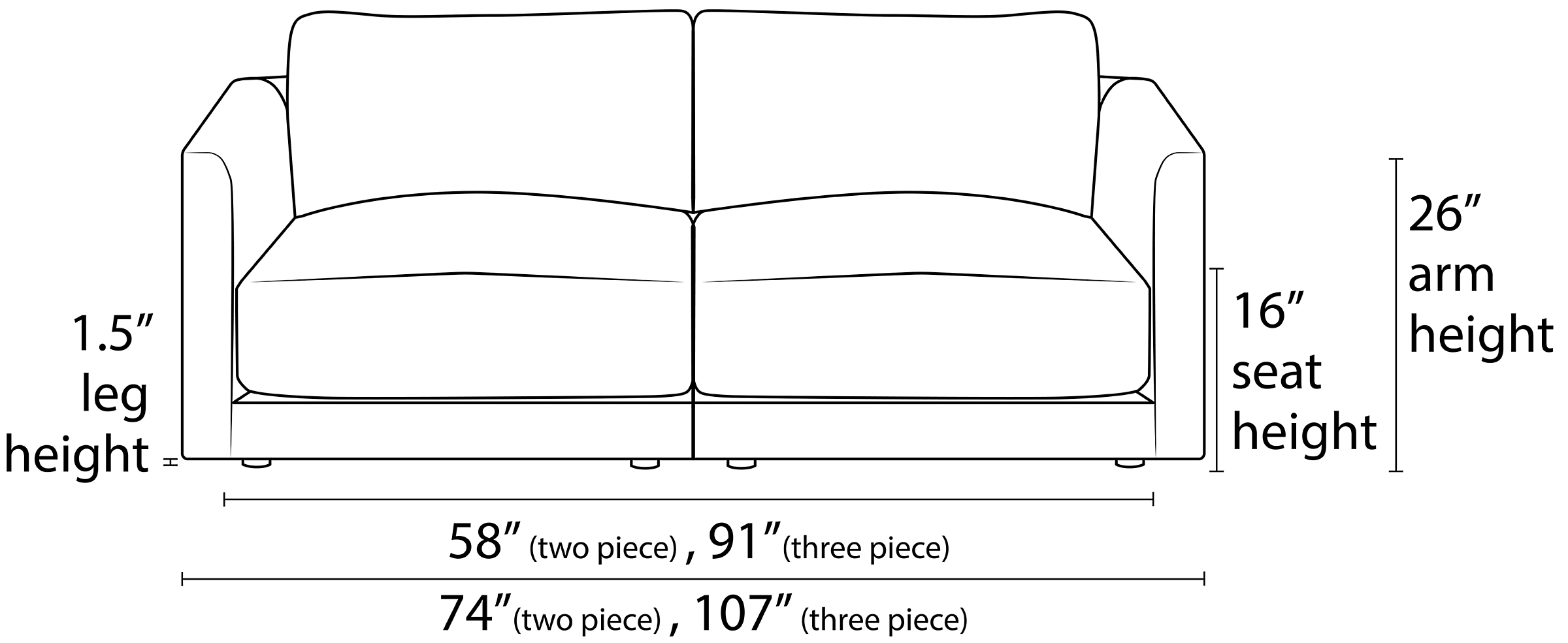 Clemens Sofa Front Dimension Drawing.