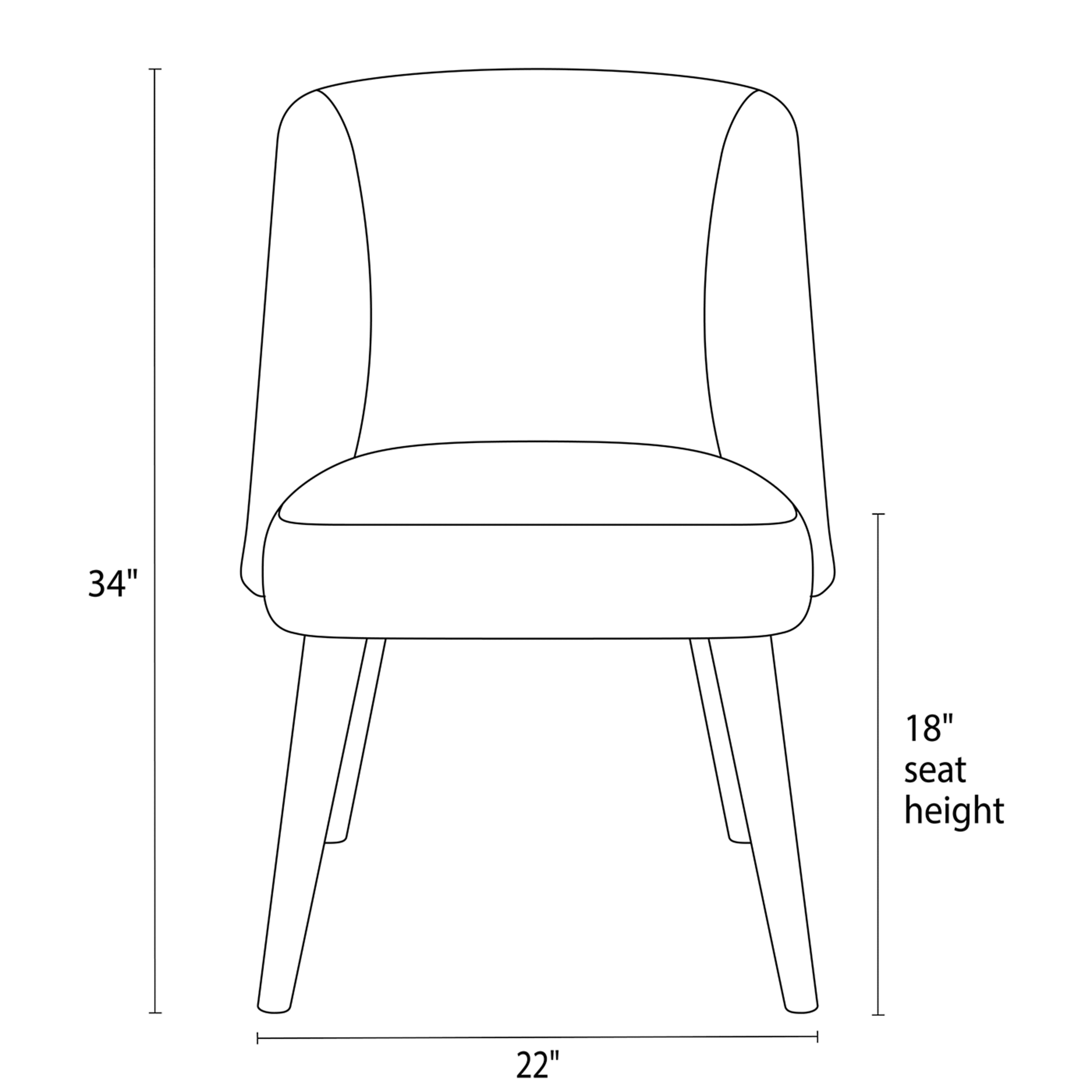Front view dimension illustration of Cora dining chair.